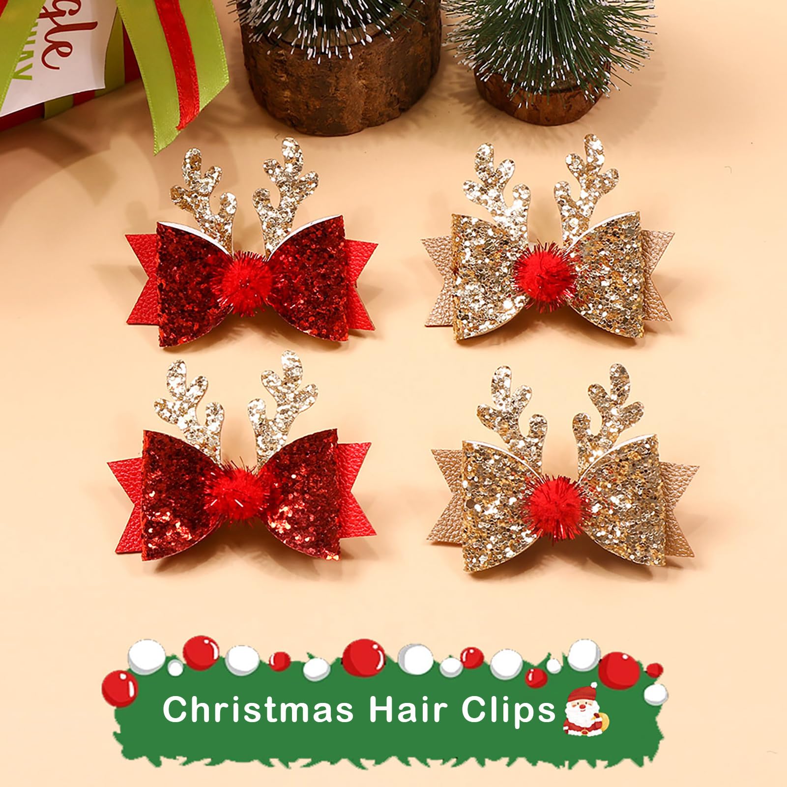 4 Pcs Christmas Hair Clips Xmas Bow Hair Accessories Cute Reindeer Antlers Ears Glitter Sequins Hair Barrettes Holiday Headdress
