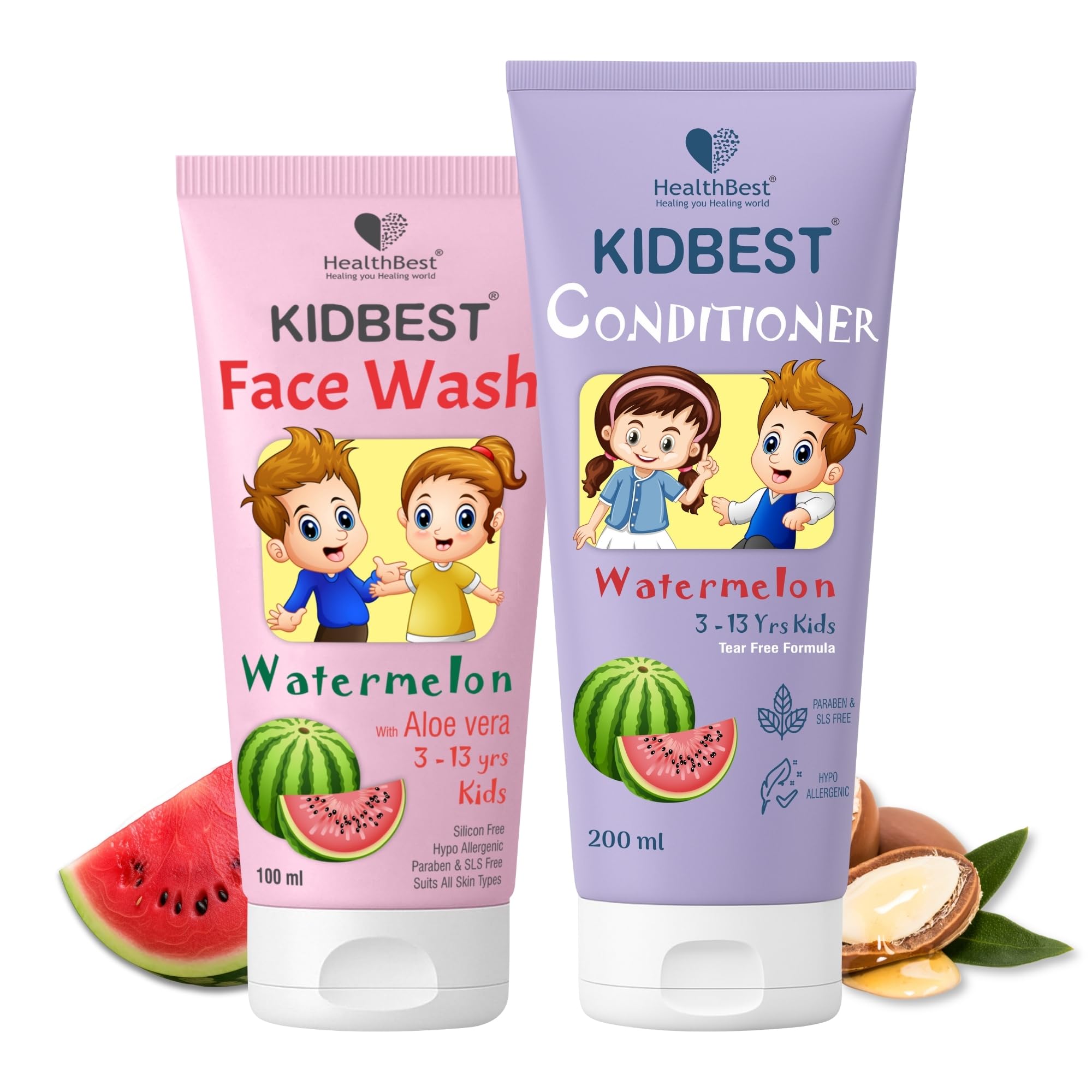 Healthbest Kids Watermelon Face Wash 100Ml & Conditioner 200Ml Combo | Gentle Face Cleanser & Hair Softener | For Dry Skin & Tan