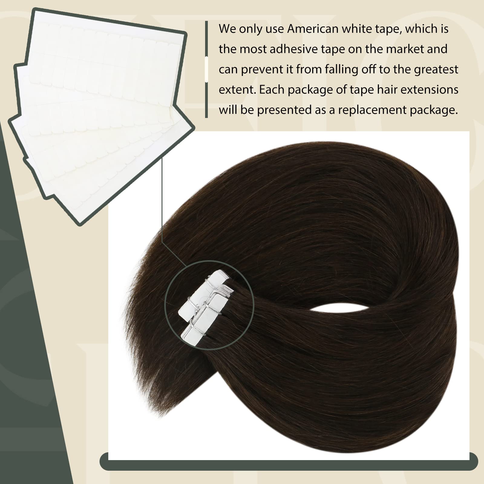 Sunny Hair Tape in Hair Extensions Real Human Hair Invisible Remy Hair Extensions Tape ins for Women Darker Brown 22 inch 20Pcs