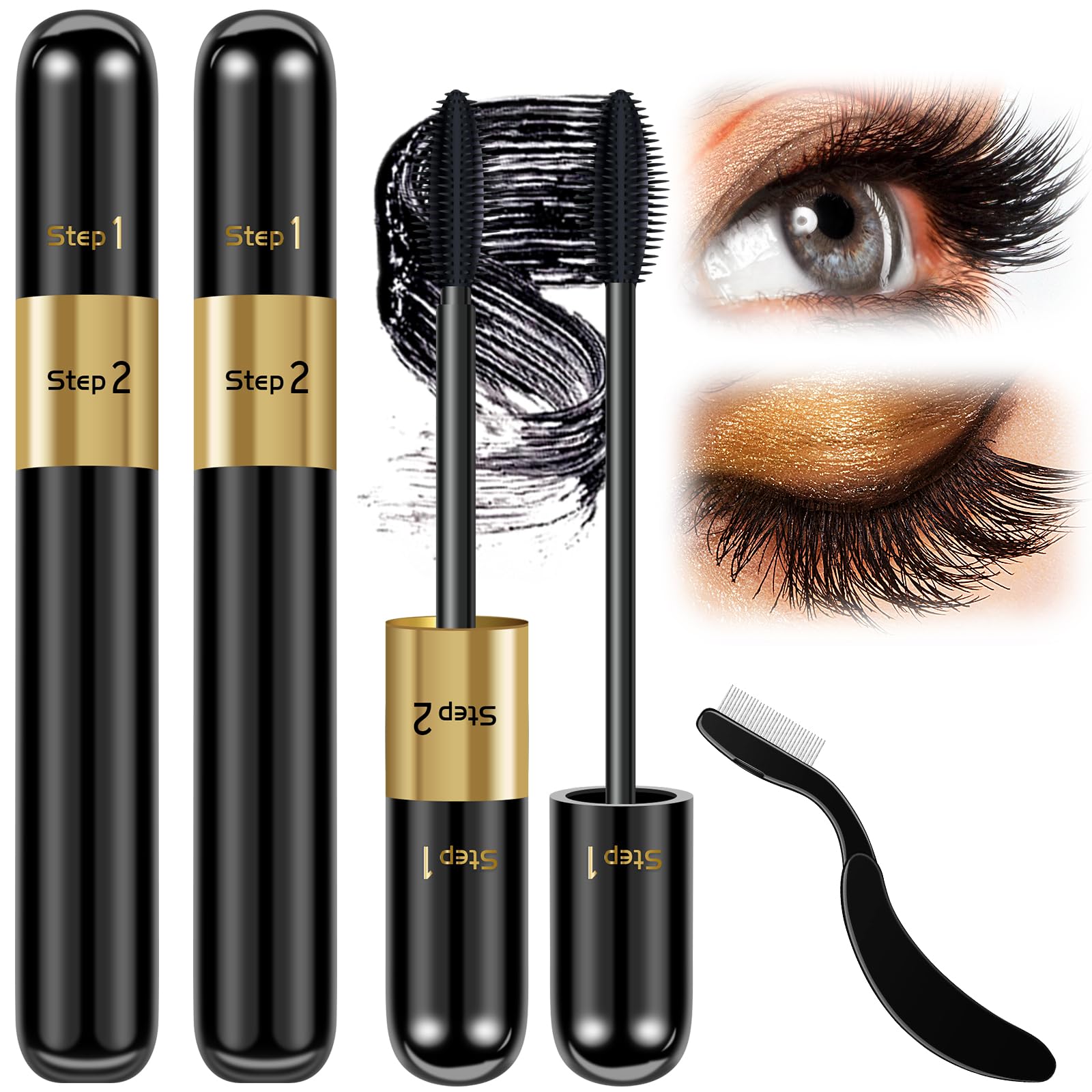 Mascara Volume And Length, 2 In 1 Waterproof Mascara Black, 2 Pack Falsies Voluminous Lengthening Smudge Proof 4D Silk Fiber Mas