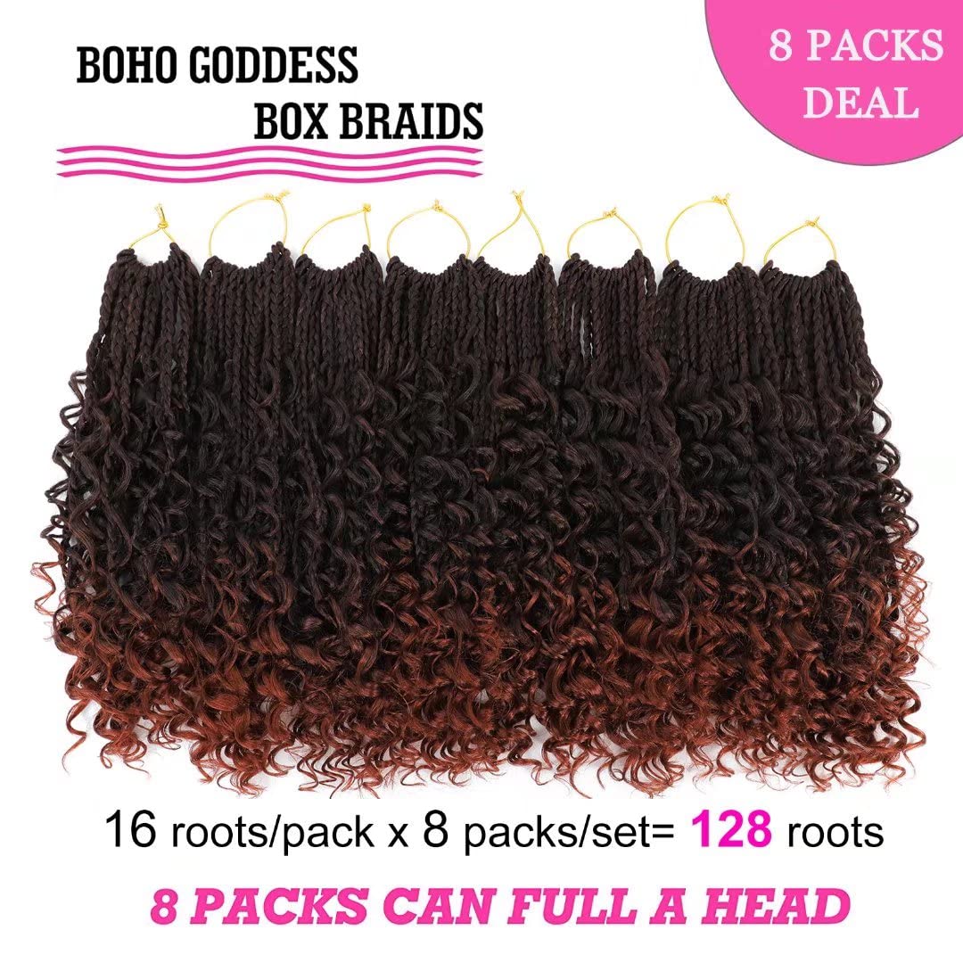8 Packs Boho Box Braids Crochet Hair With Curly Ends 14 Inch Copper Red Box Braid Crochet Hair With Curly Ends Goddess Box Braid
