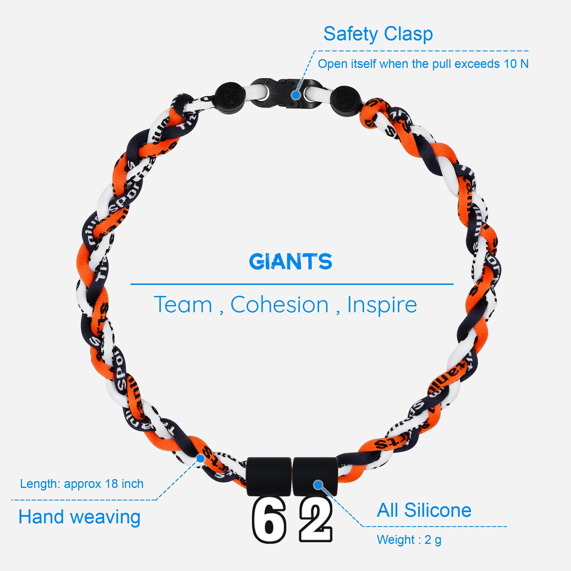 SUPBOMM Baseball Rope Necklaces, League Team Colors Braided Necklace with Number Pendant, Baseball Team Gifts, SFGiants, No. 62