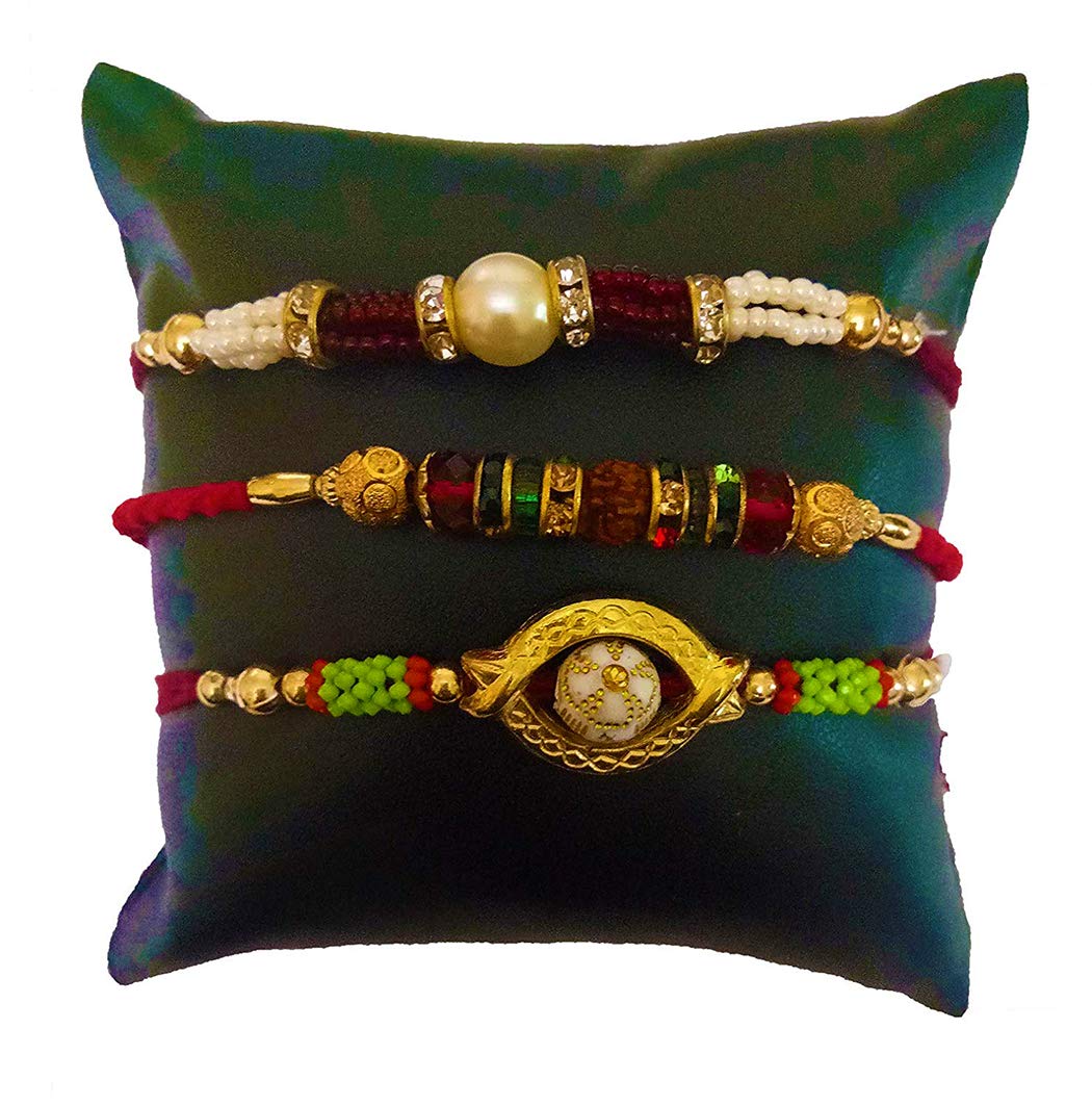 Avanti Creations Et Of 3 Multicolor Pearl And Beads Rakhi For Brother With Roli Chawal