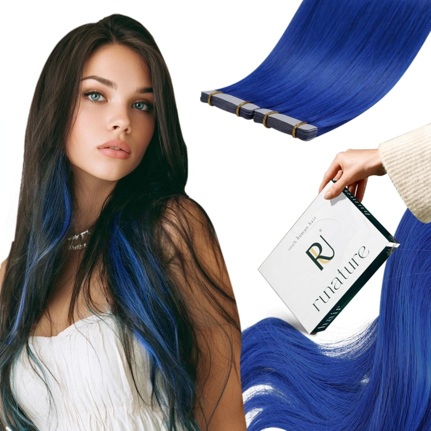 RUNATURE Blue Tape in Hair Extensions Human Hair 14 Inch 20g 10pcs Blue Hair Extensions Tape in Skin Weft Human Hair Tape in Ext