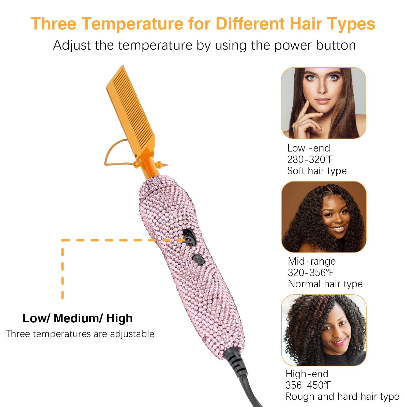 Diamond Electric Adjustable Temperature Hair Straightener Brush Set For Wigs And Natural Black Hair (Gold)