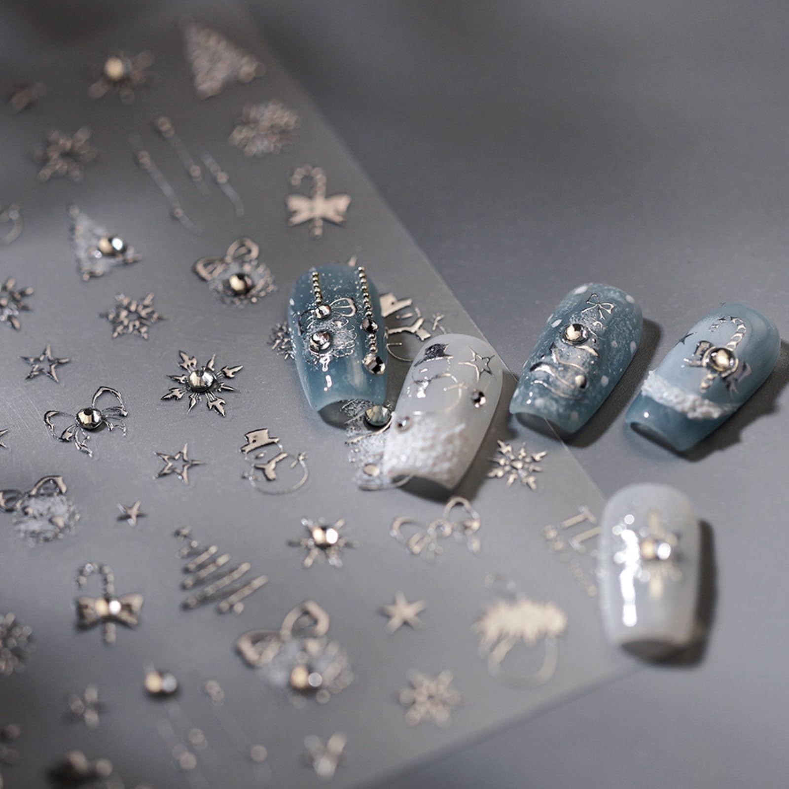 5D Embossed Silver Christmas Nail Stickers for Nail Art Xmas Nail Art Stickers Xmas Tree Nail Decals Self-Adhesive Snowflake Can