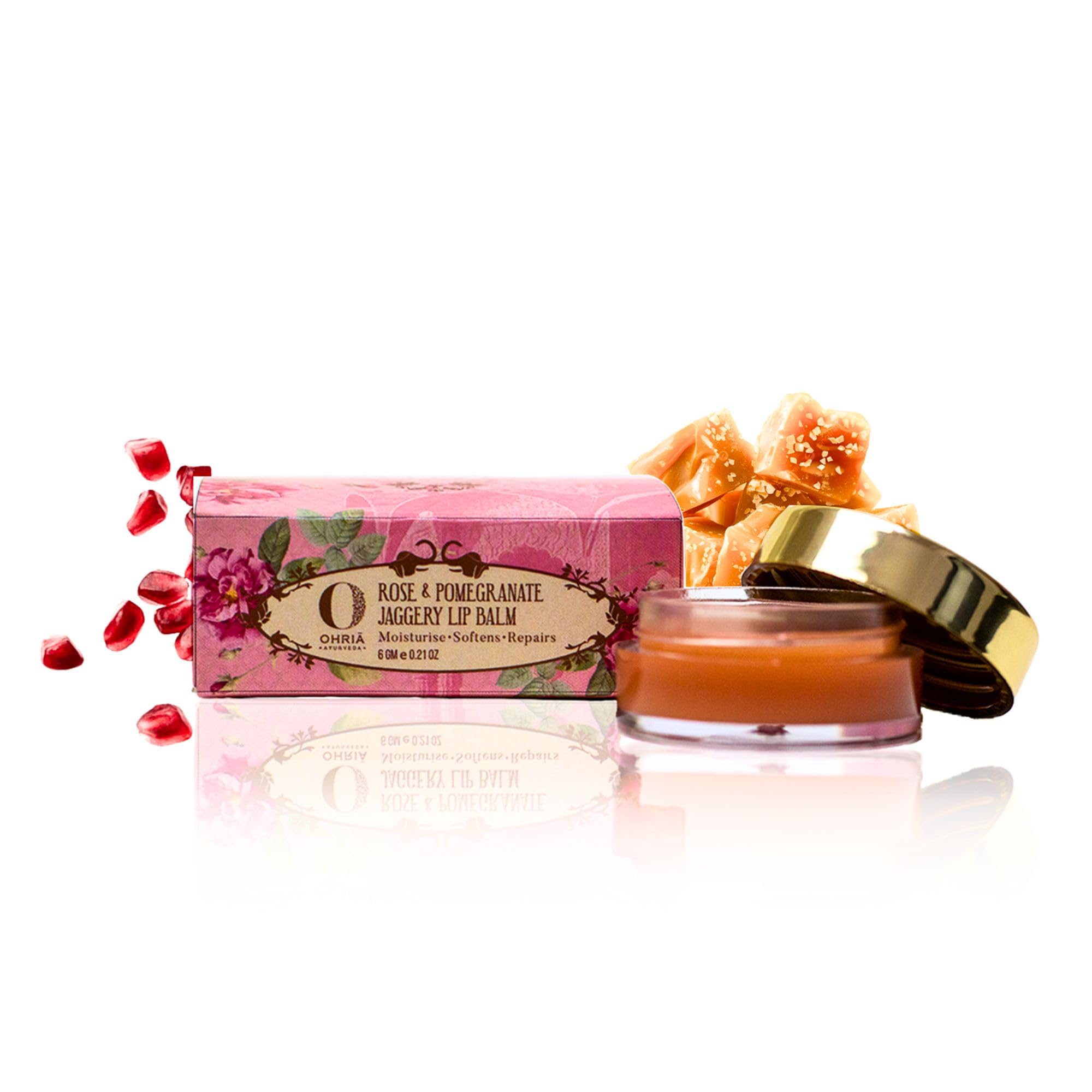 Ohria Ayurveda Rose & Pomegranate Jaggery Lip Balm | Deeply Hydrates, Softens & Reduces Lip Pigmentation| For Dark, Dry & Chappe