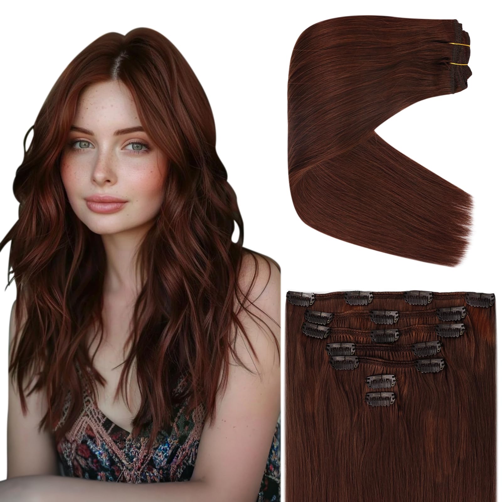 Ve Sunny Auburn Clip In Hair Extensions Human Hair Clip In Extensions Red Auburn Real Hair Extensions Clip In Human Hair Dark Au