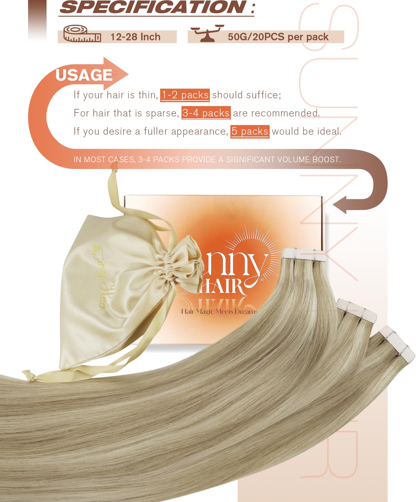 Sunny Hair Tape in Hair Extensions Real Human Hair Invisible Remy Hair Extensions Tape ins for Women Golden Blonde Highlight Med