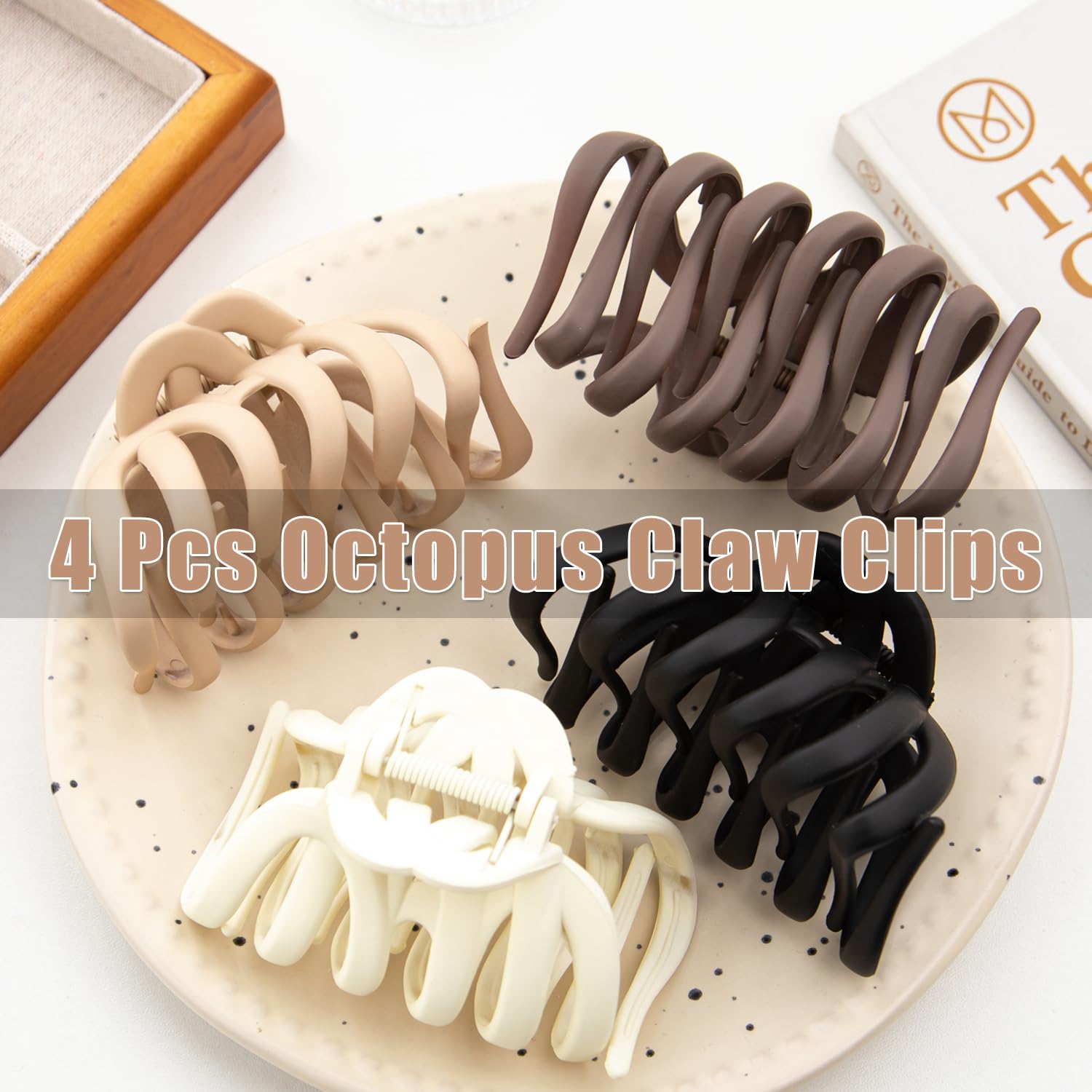Seneeel 4 Pcs Octopus Claw Clips, 3.8'' Large Hair Claw Clips For Women, Strong Grip Non-Slip Jaw Clips For Thick Hair, Natural