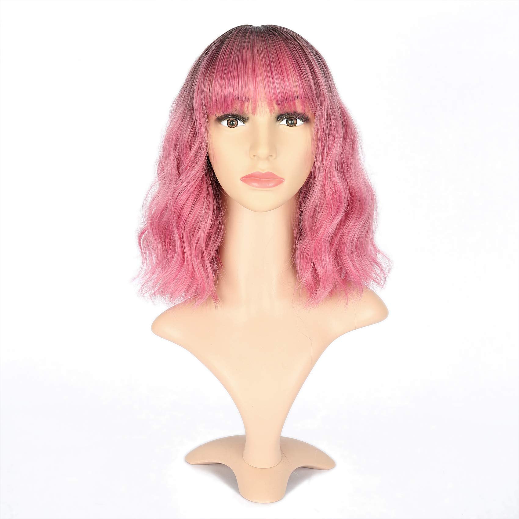 VCKOVCKO Ombre Color Natural Wavy Bob Wig With Air Bangs Short Bob Wigs Women's Shoulder Length Wigs Curly Wavy Synthetic for Gi