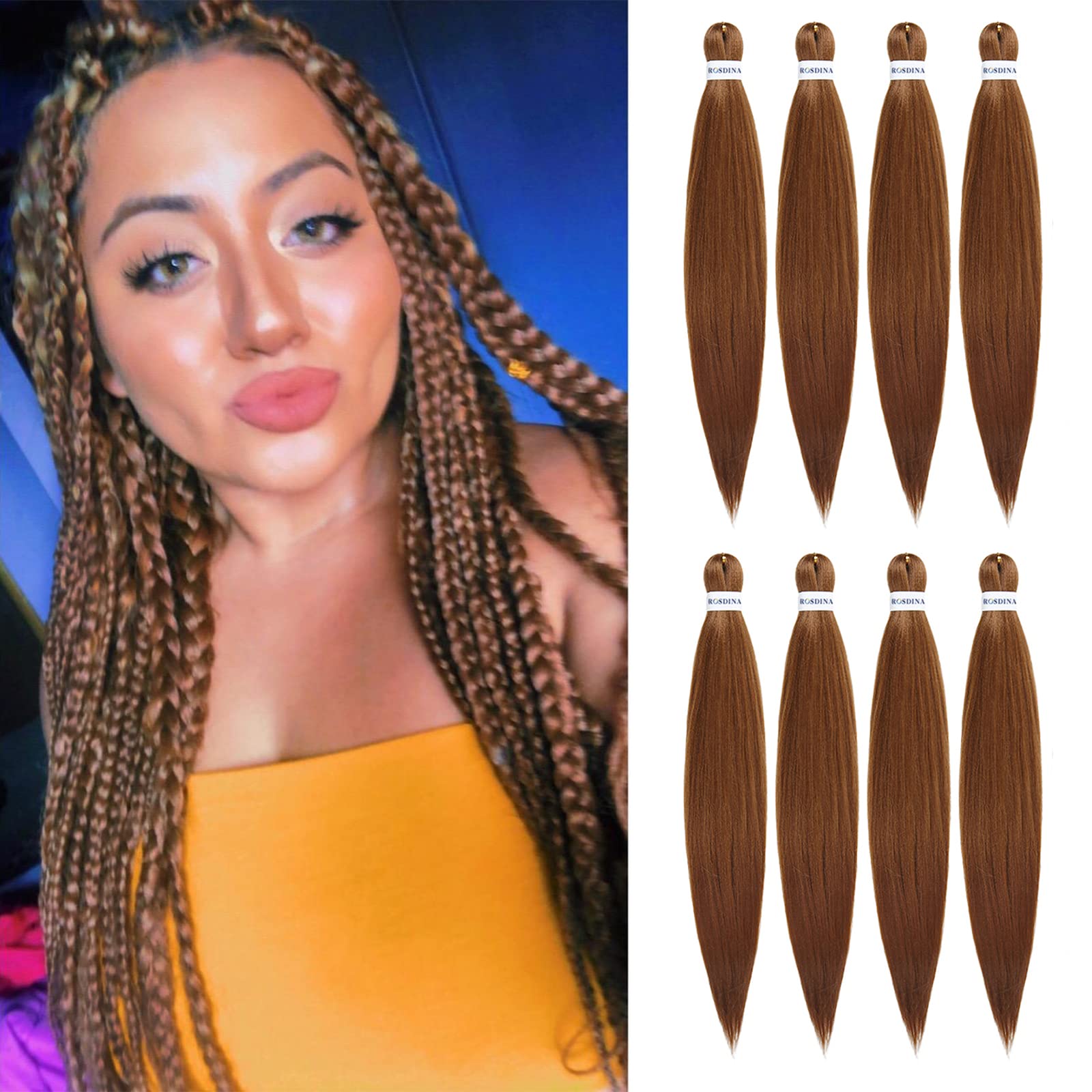 Rosdina Pre-Stretched Braiding Hair - 28 Inch 8 Packs Brown Super Long Braiding Hair For Twist Or Box Braids, Yaki Texture Hot W
