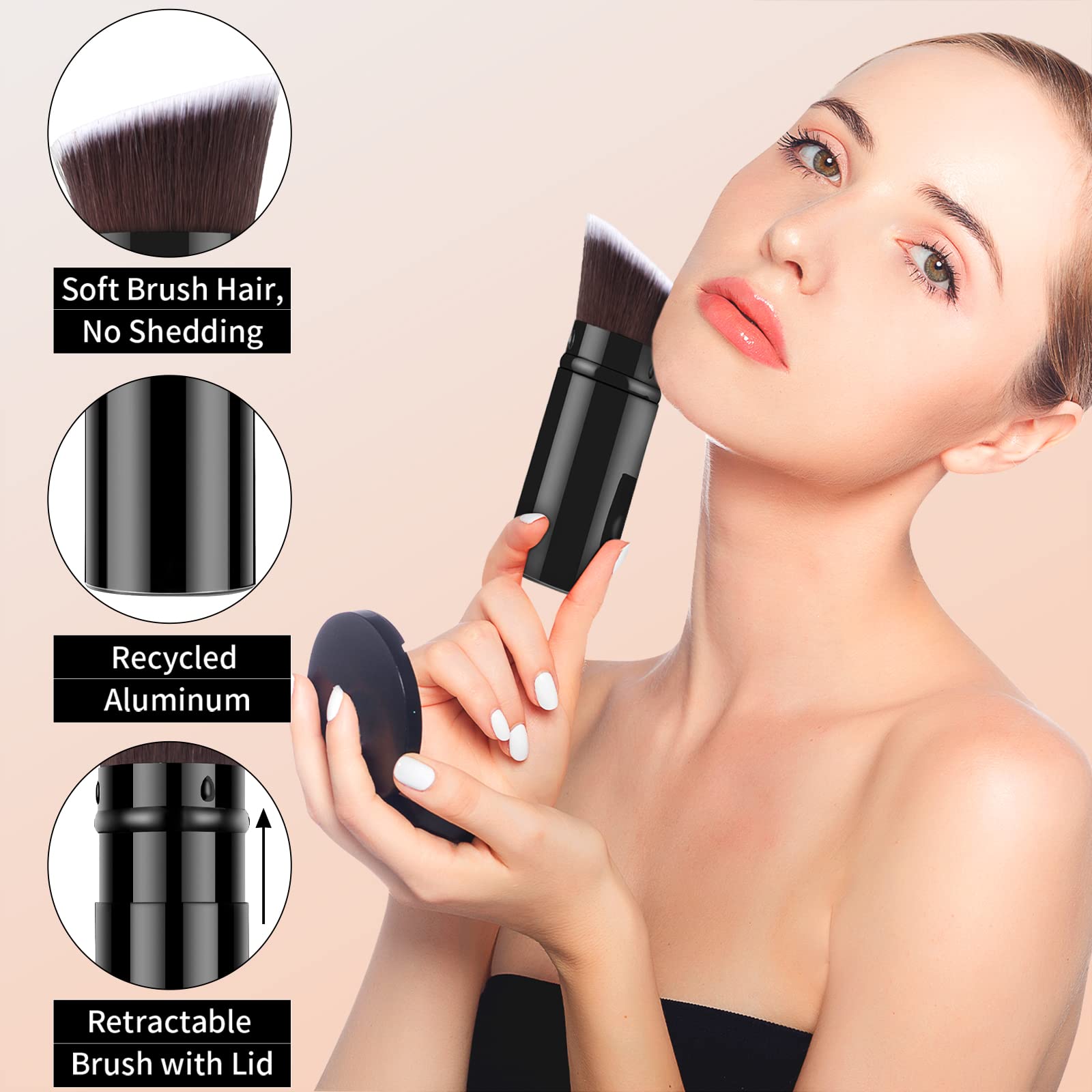 Falliny Retractable Foundation Makeup Brushes, Travel Angled Kabuki Powder Brush Liquid Foundation Sunscreen Brush With Cover Pe