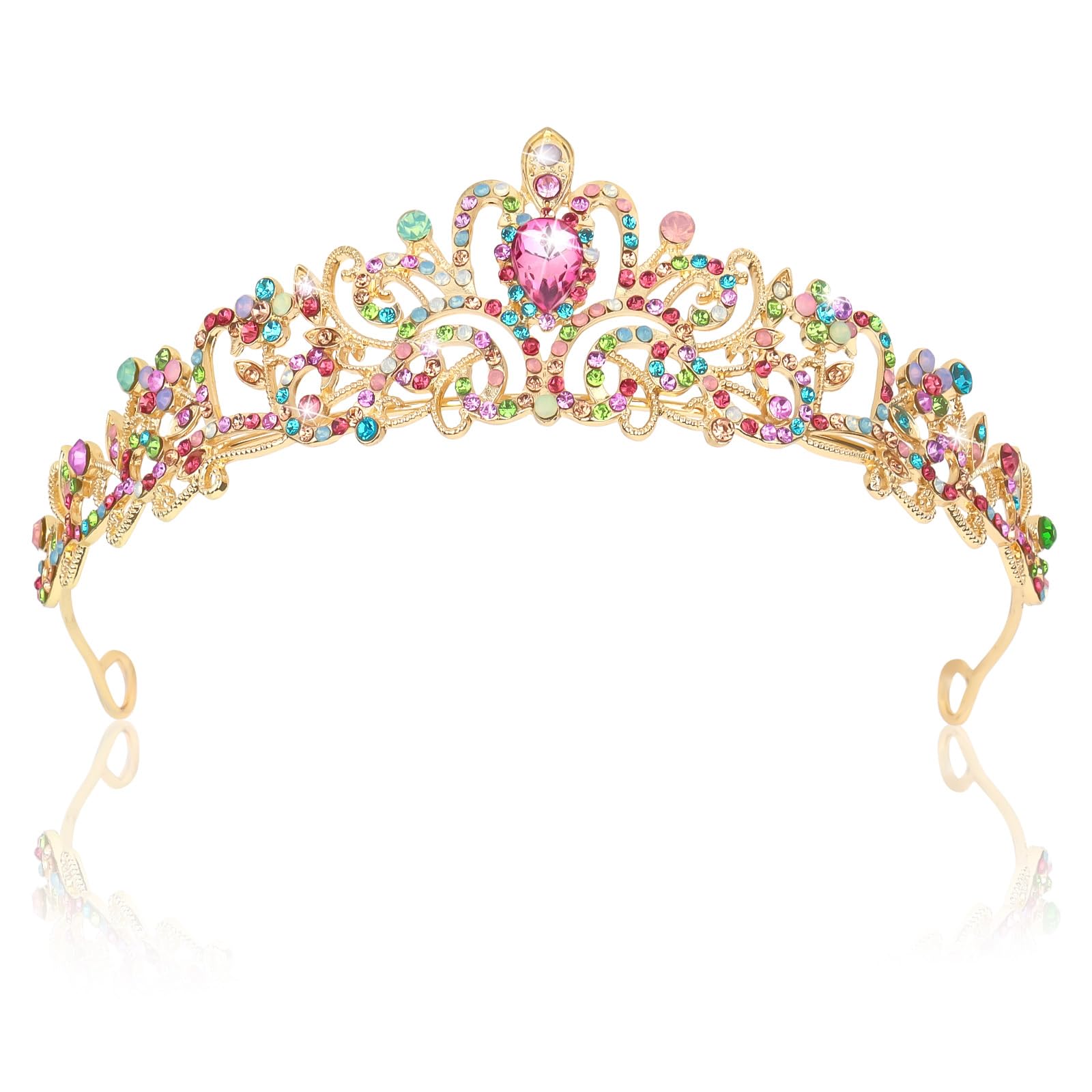 CIEHE Crystal Crown Gold Tiaras for Women, Multicolor Rhinestones Princess Crown with Combs for Birthday Girl, Prom Crown Weddin