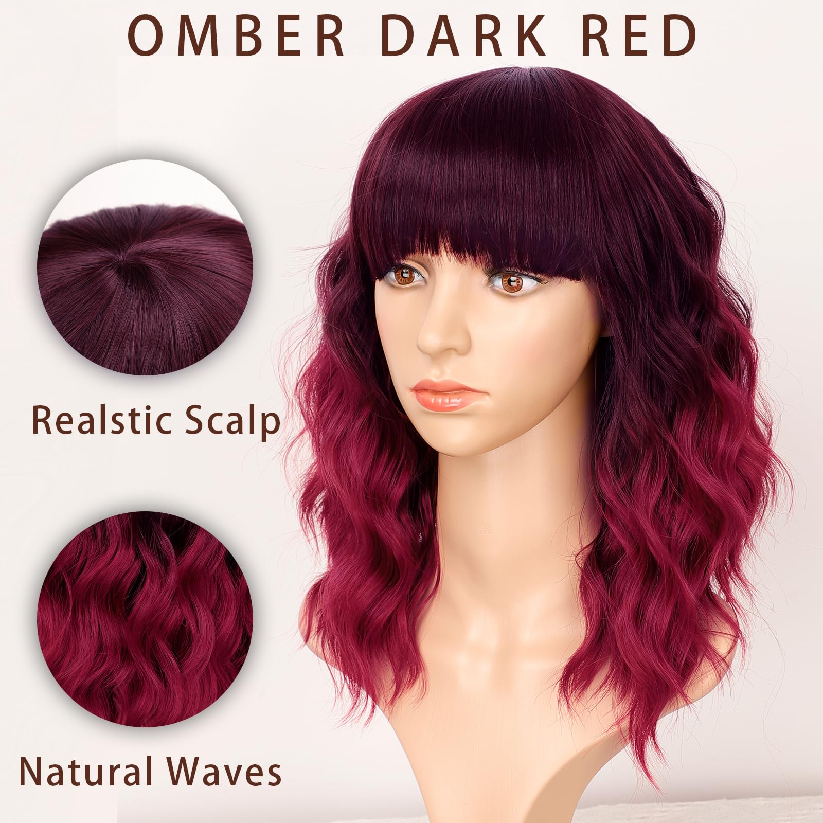 Aisi Hair Synthetic Wavy Curly Bob Wig With Bangs Ombre Dark Red Wig Short Bob Wavy Hair Wigs For Women Synthetic Heat Resistant