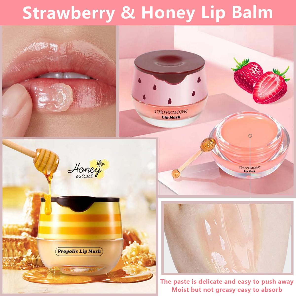 4 Pcs Honey Lip Balm, Strawberry Apple Watermelon Lip Mask, Moisturizing Lip Sleeping Mask, Hydrate Repair Prevent Dry Cracked L