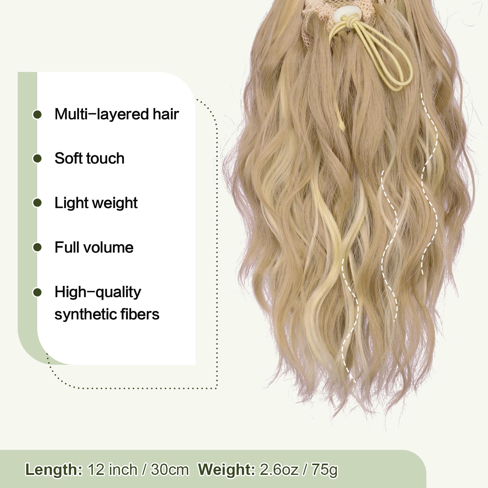 Feshfen Ponytail Extensions, Drawstring Ponytails Hair Extension Light Ash Brown & Bleach Blonde Short Curly Wavy Hair Piece Syn