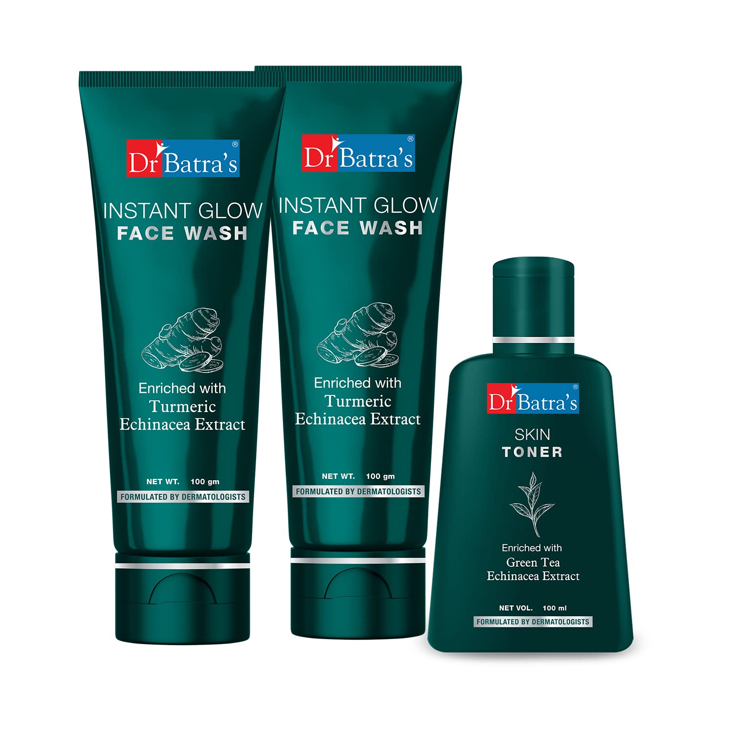 Dr BatraS Instant Glow Facewash 100 Gm,Pack Of 2 + Skin Toner Enriched With Echinacea And Green Tea 100Ml
