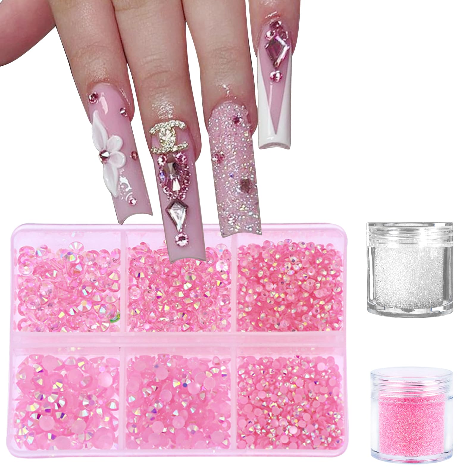 3 Boxes Nail Art Rhinestones Pink Nail Charms 2mm-4mm Resin Clear Jelly Rhinestones Pearls Glitters Nail Art Supplies Crystal Ge