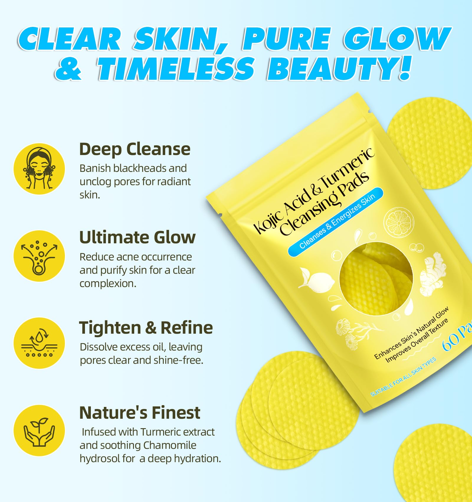 Kojic Acid And Turmeric Cleansing Pads,Turmeric Cleansing Pads, Face Turmeric Kojic Acid Pads, Helps Balance Skin Oil And Water,