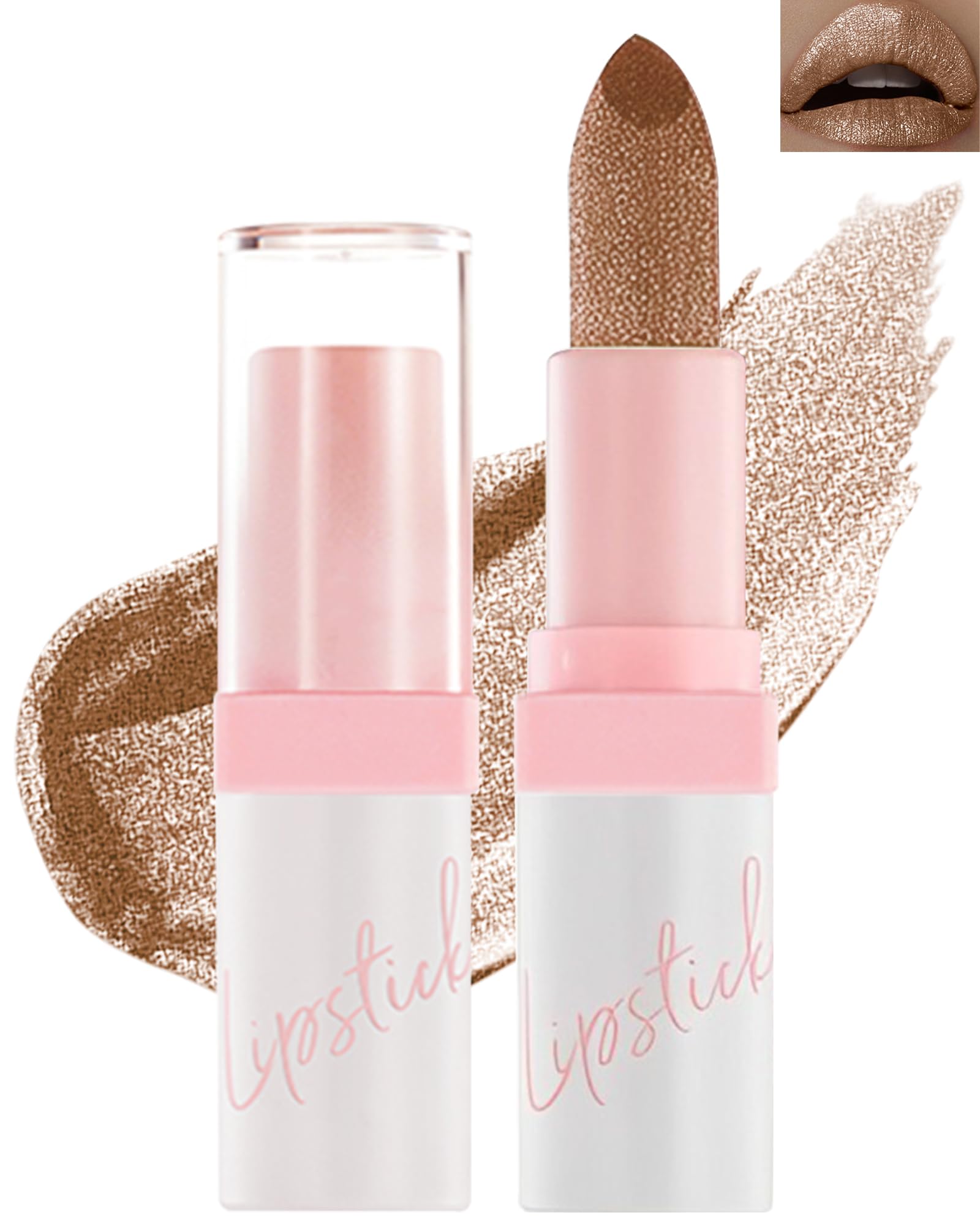 Diamond Glitter Matte Lipstick,Longlasting Waterproof Metallic Bronze Lip Gloss Lipgloss,Gold Brown Sparkling High Pigment Non-S