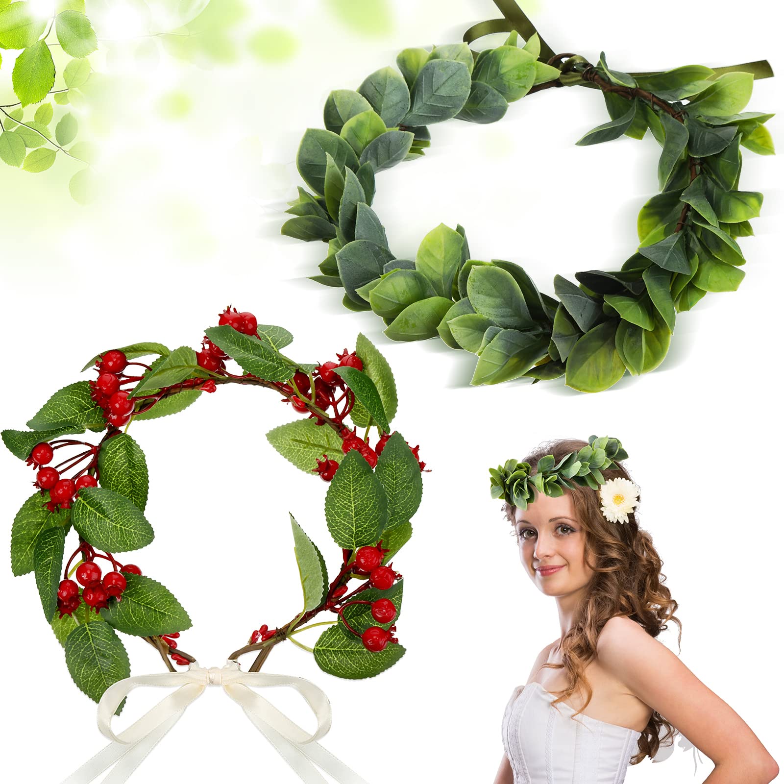 Yilloog 2 Pieces Christmas Flower Laurel Crown Hawaiian Headpiece for Women Berry Leaf Crown Boho Bridal Green Crown Artificial 