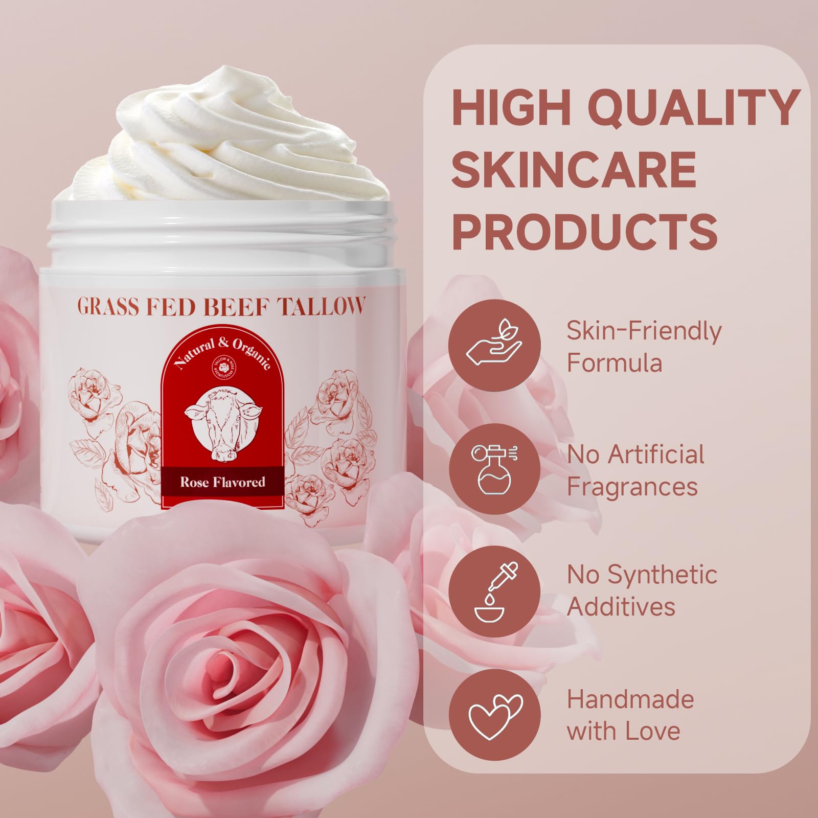 HZENPPOR Beef Tallow for Skin, Whipped Beef Tallow For Skin, Tallow Face Moisturizer, Rose-Flavoured Whipped Tallow Face Cream M