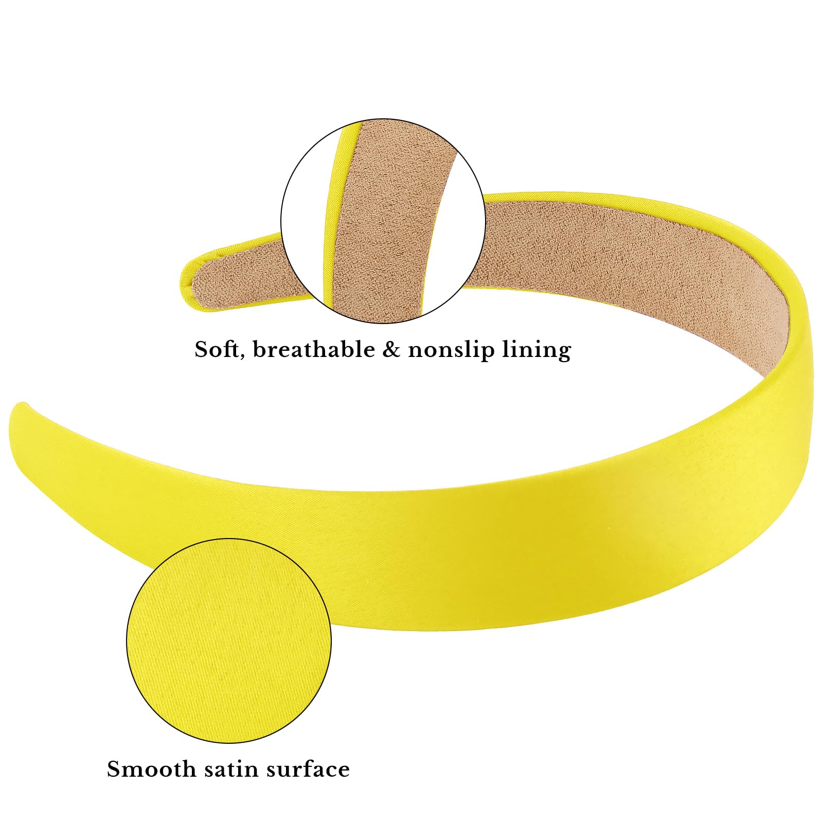 Wecoe Yellow Headband 1.2 Inch Wide Silk Satin Headband Women Non Slip Fashion Plain Head Band Solid Hair Band DIY Holiday Hair