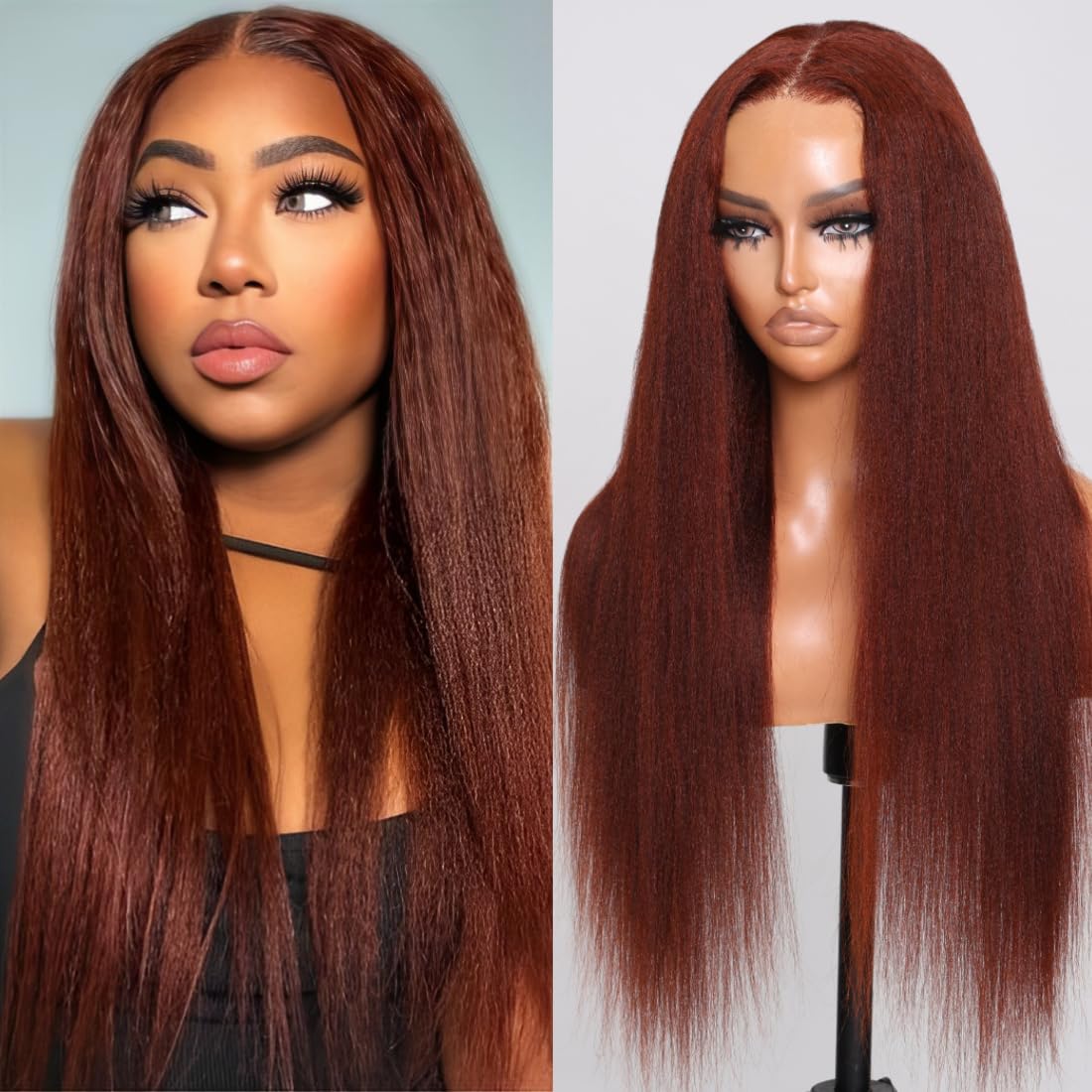 Unice Bye Bye Knots Glueless Wig Reddish Brown Yaki Straight 7X5 Pre Cut Lace Glueless Wigs Human Hair Pre Plucked Pre Bleached