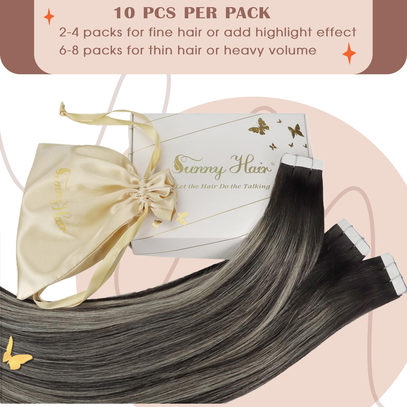 Sunny Hair Tape in Hair Extensions Real Human Hair Invisible Remy Hair Extensions Tape ins for Women Ombre Natural Black Root to