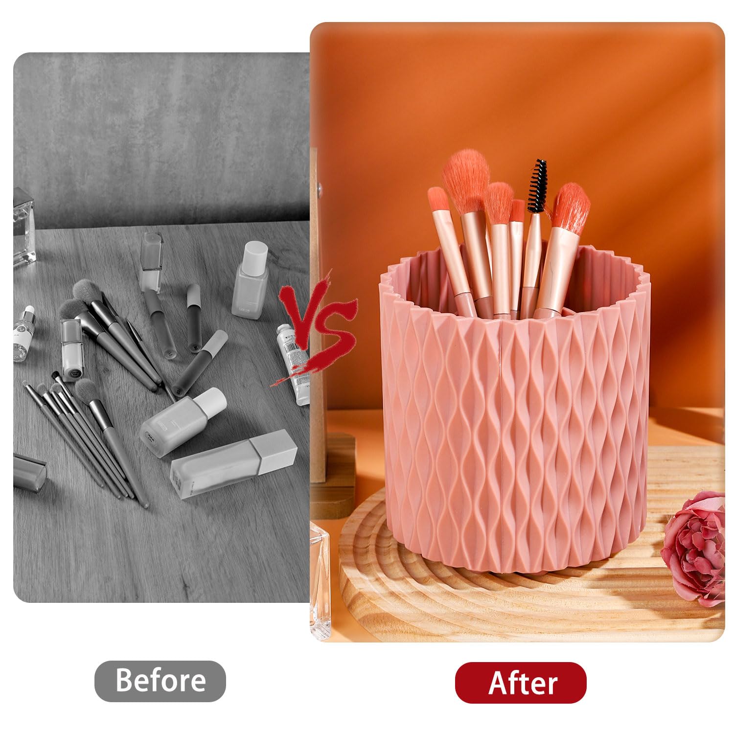 RAMFIYN Pink 360 Rotating Makeup Organizer, Spinning Makeup Brush Holder, Unique Textured Makeup Brush Cups for Vanity Decor, Li