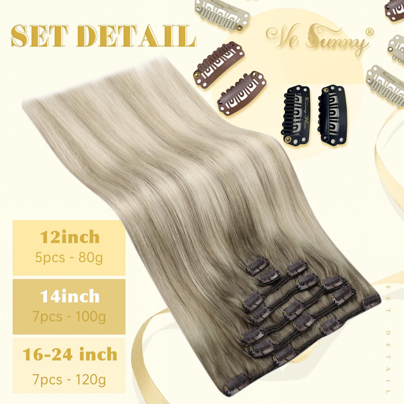 Ve Sunny Real Hair Clip in Extensions Blonde Ombre Clip in Hair Extensions Invisible Clip in Human Hair Extensions Ombre Ash Blo
