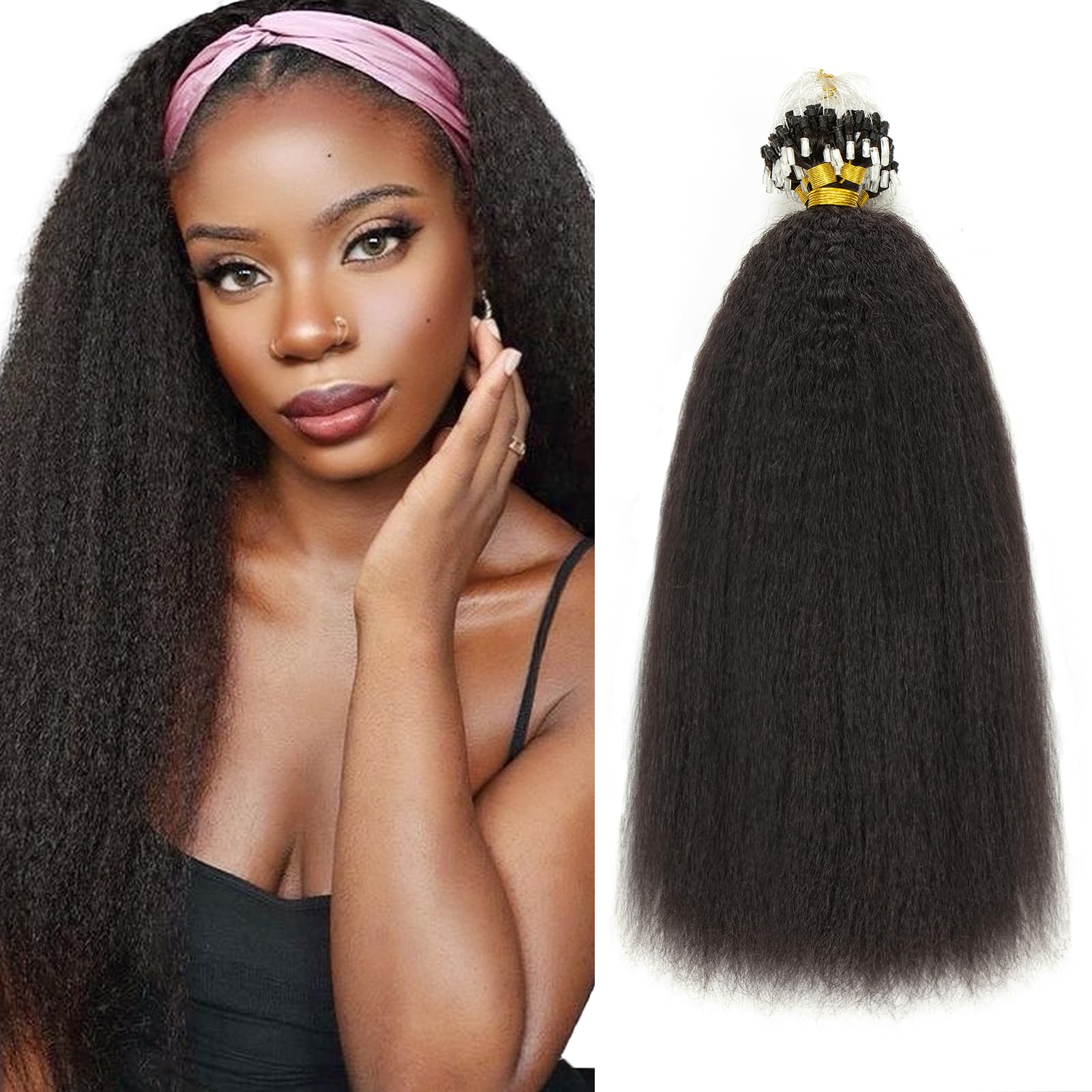 Kinky Straight Micro Loop Ring Human Hair Extensions Natural Black Long Microlinks Hair Extensions Human Hair Black People 22inc