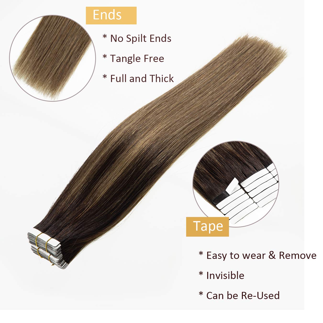 Loxxy Tape In Hair Extensions Natural Hair Dip Dyed Balayage #2-6 Darkest Brown Mixed With Medium Brown Double Sided Seamless Pu