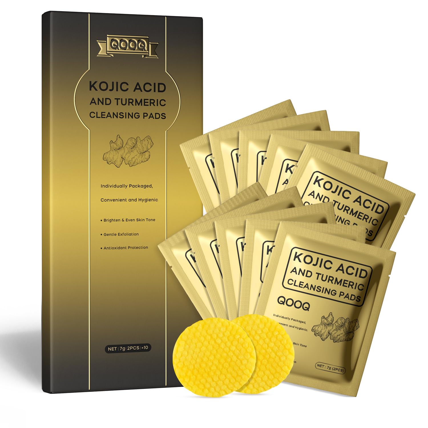 Turmeric Kojic Acid Cleansing Pads - Travel-Size Individually Packaged Face Scrub Pads (20Pcs) - Gentle Exfoliating & Brightenin