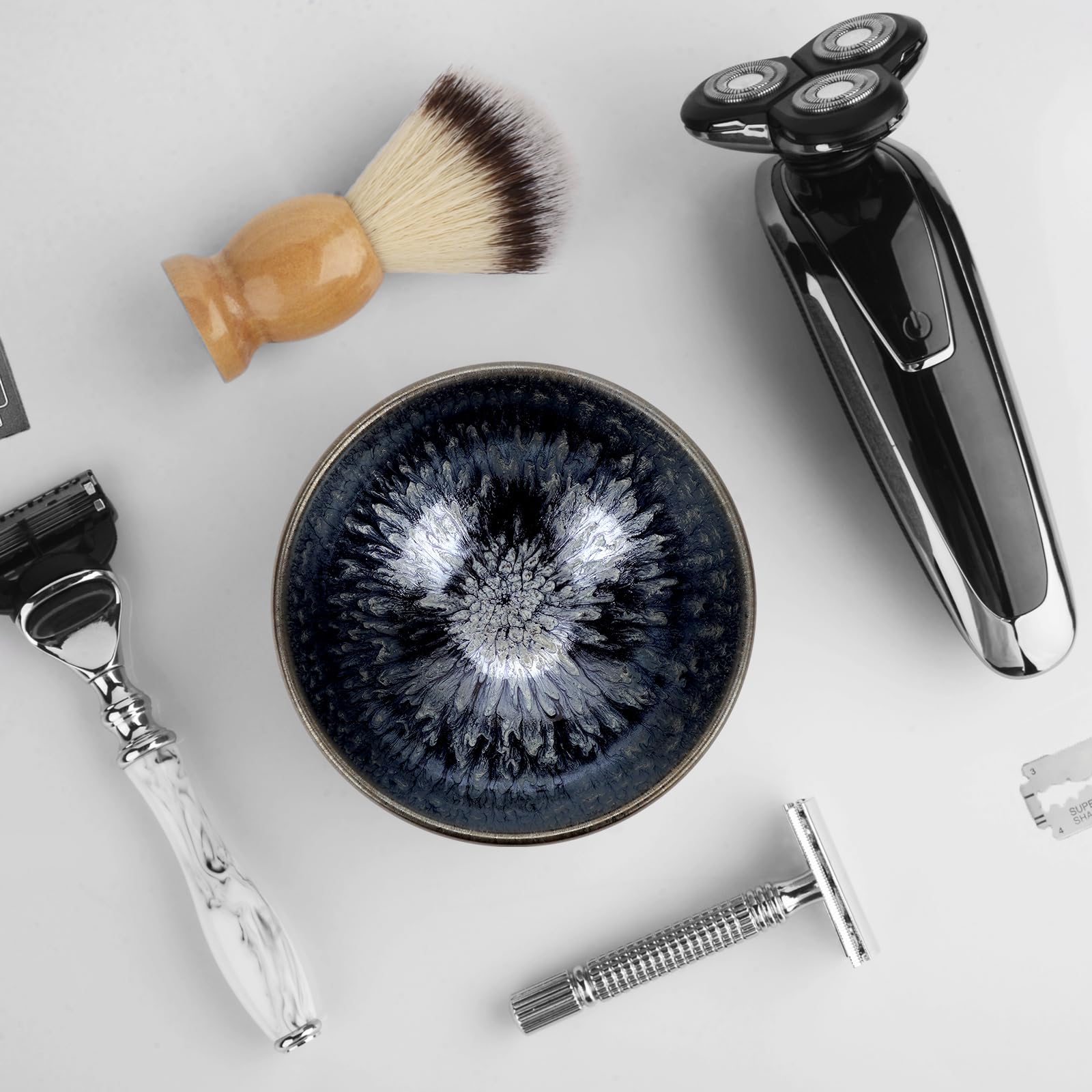 Linkdiea Ceramics Soap Shaving Bowl, Traditional Wet Beard Art of Shaving Bowl, Cream Shaver Bowl for Men (Blue)