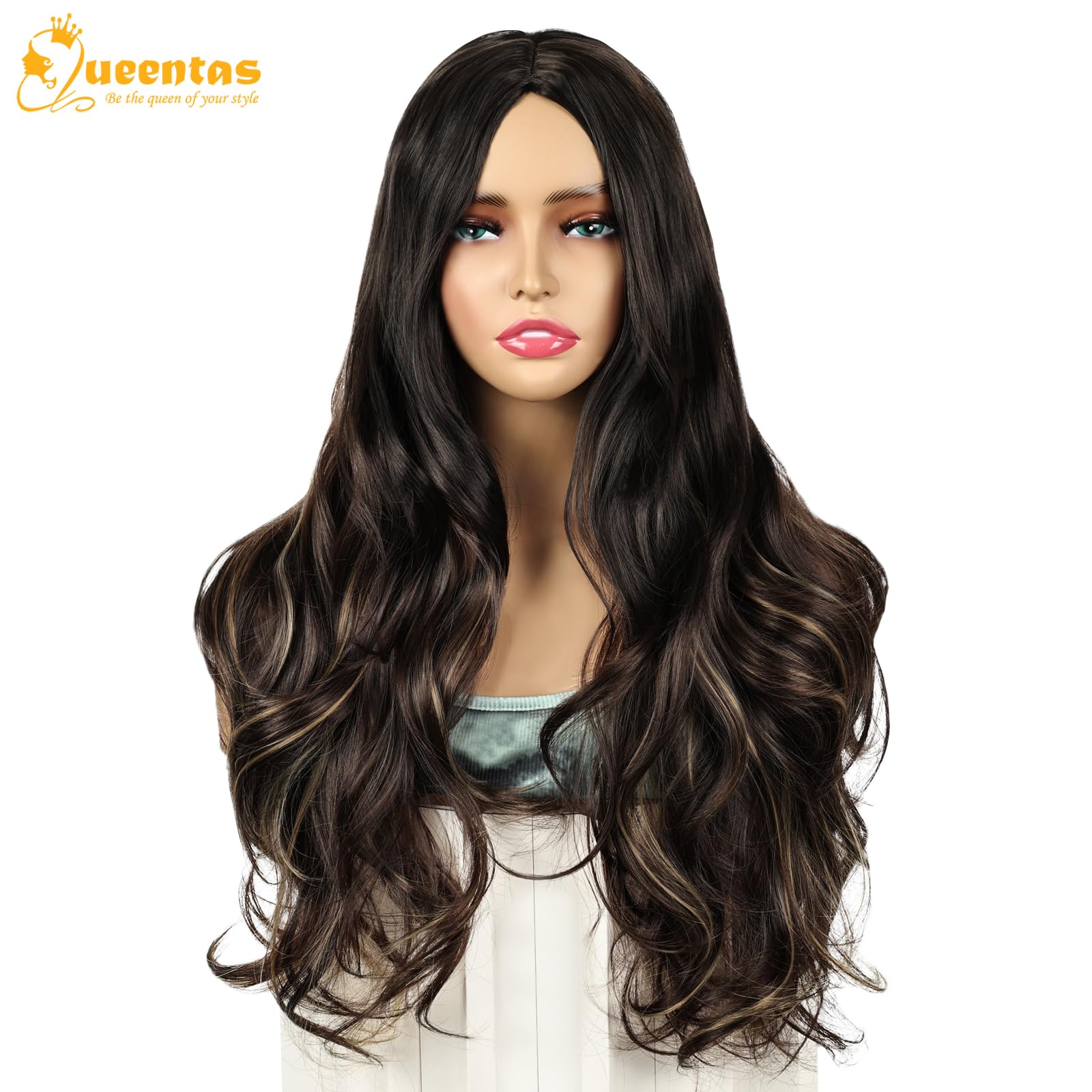 QUEENTAS Long Brown Wigs for Women Natural Synthetic Hair Wavy Wig(Dark Brown Highlight Blonde)
