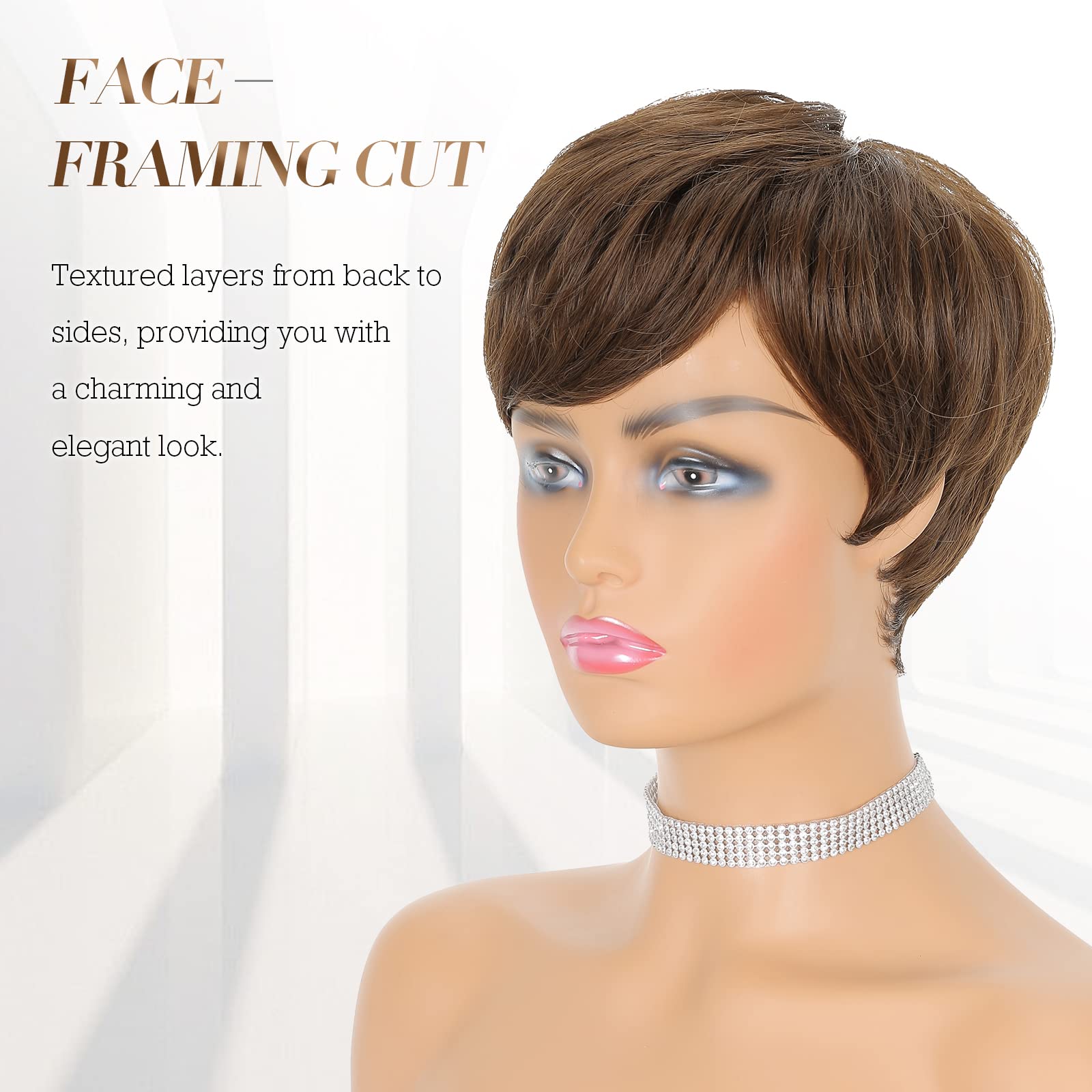 Feshfen Short Pixie Cut Wigs Synthetic Coffee Brown Pixie Haircut Wig With Bangs Glueless Layered Wavy Wigs For Women
