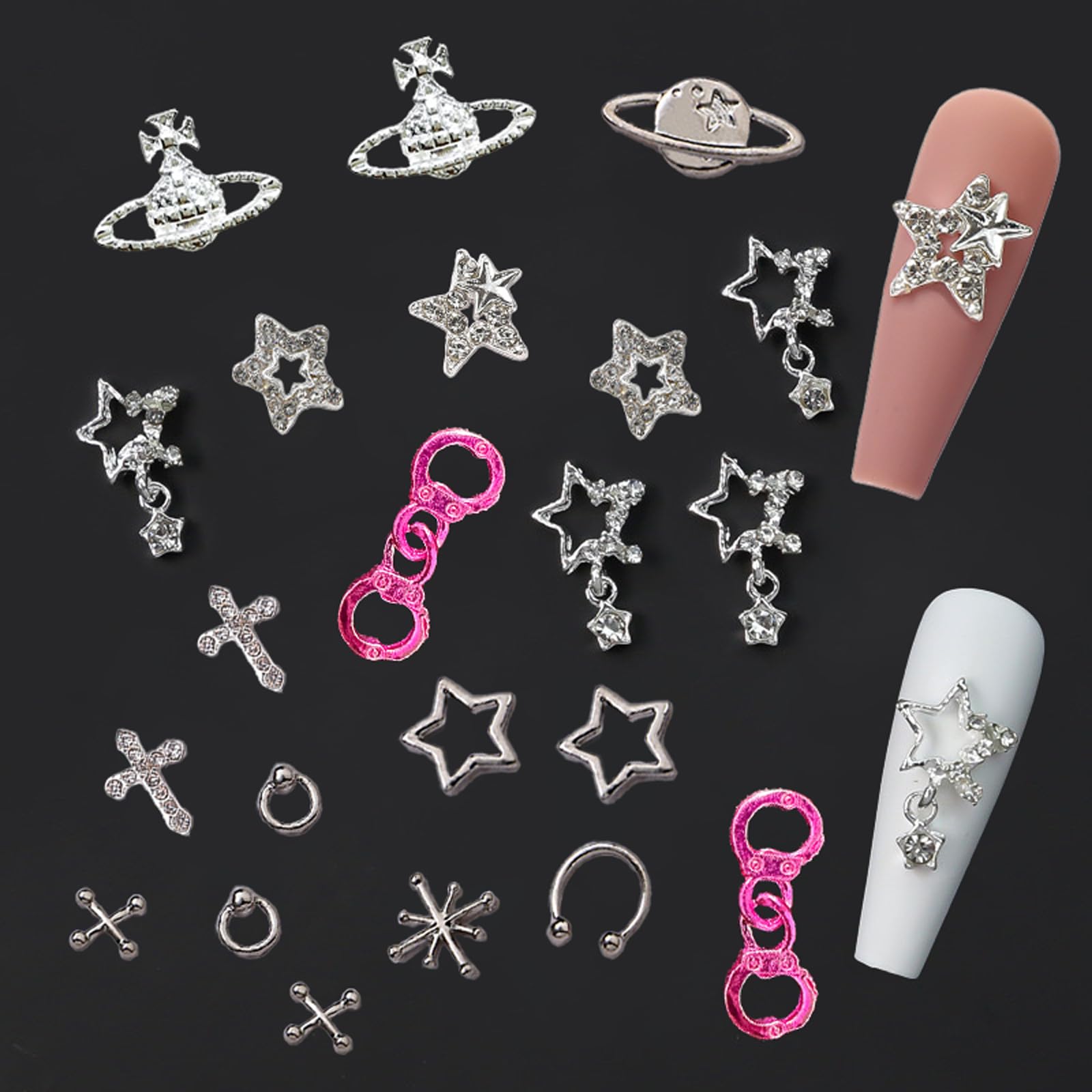 Bbatt-Happy 134Pcs Nail Charms,Silver Star Planet Cross Nail Jewels Punk Pink Handcuffs Billiards Nail Art Accessories For Acryl