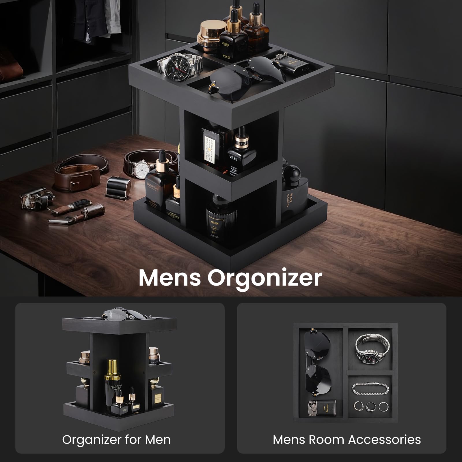 EXIN DECHEN Cologne Organizer for Men,Cologne Stand,3 Tier Large Capacity Wood Perfume Shelf with Rotate,Desk & Nightstand Organ