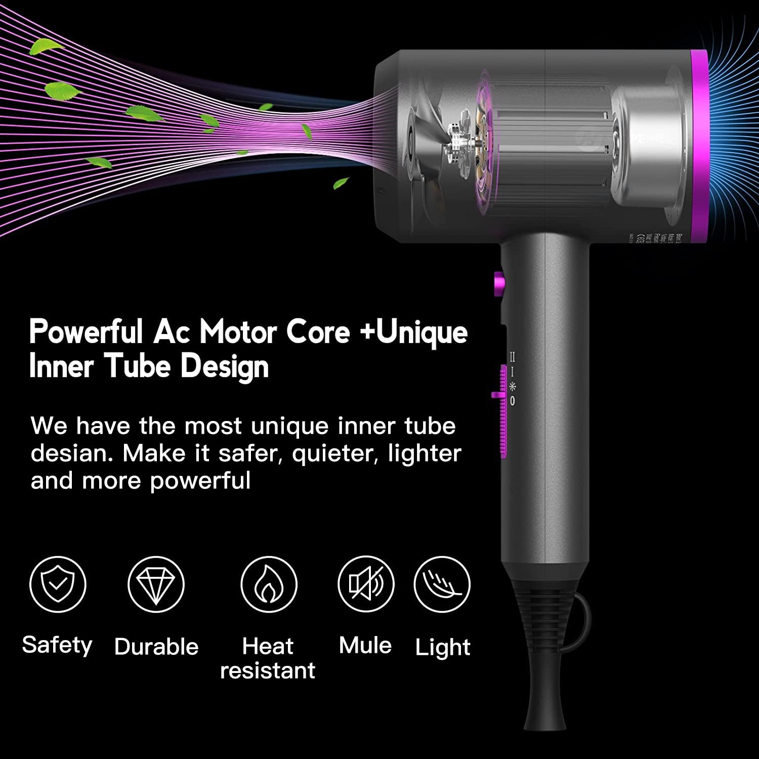Slopehill Ionic Hair Dryer 1800W Low Noise with 2 Nozzles & Diffuser, Dark Grey, Model 1902