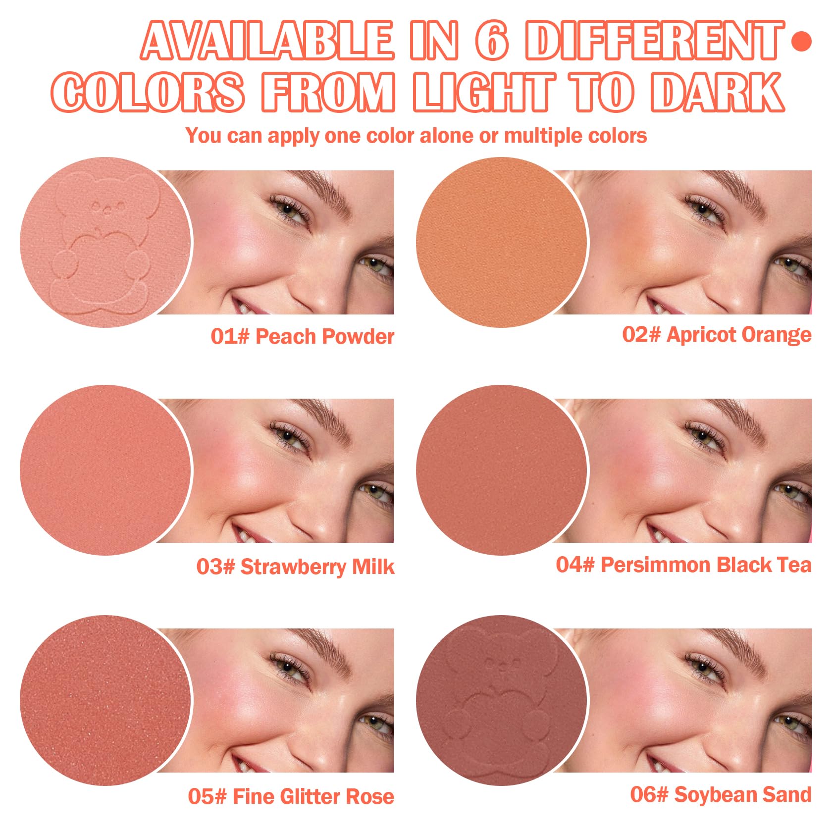 Junkujk 6 Colors Blush Palette,Shimmer Silky Matte Blush Powder Palette,Professional Cute Face Contour Highlighter Blush Palette