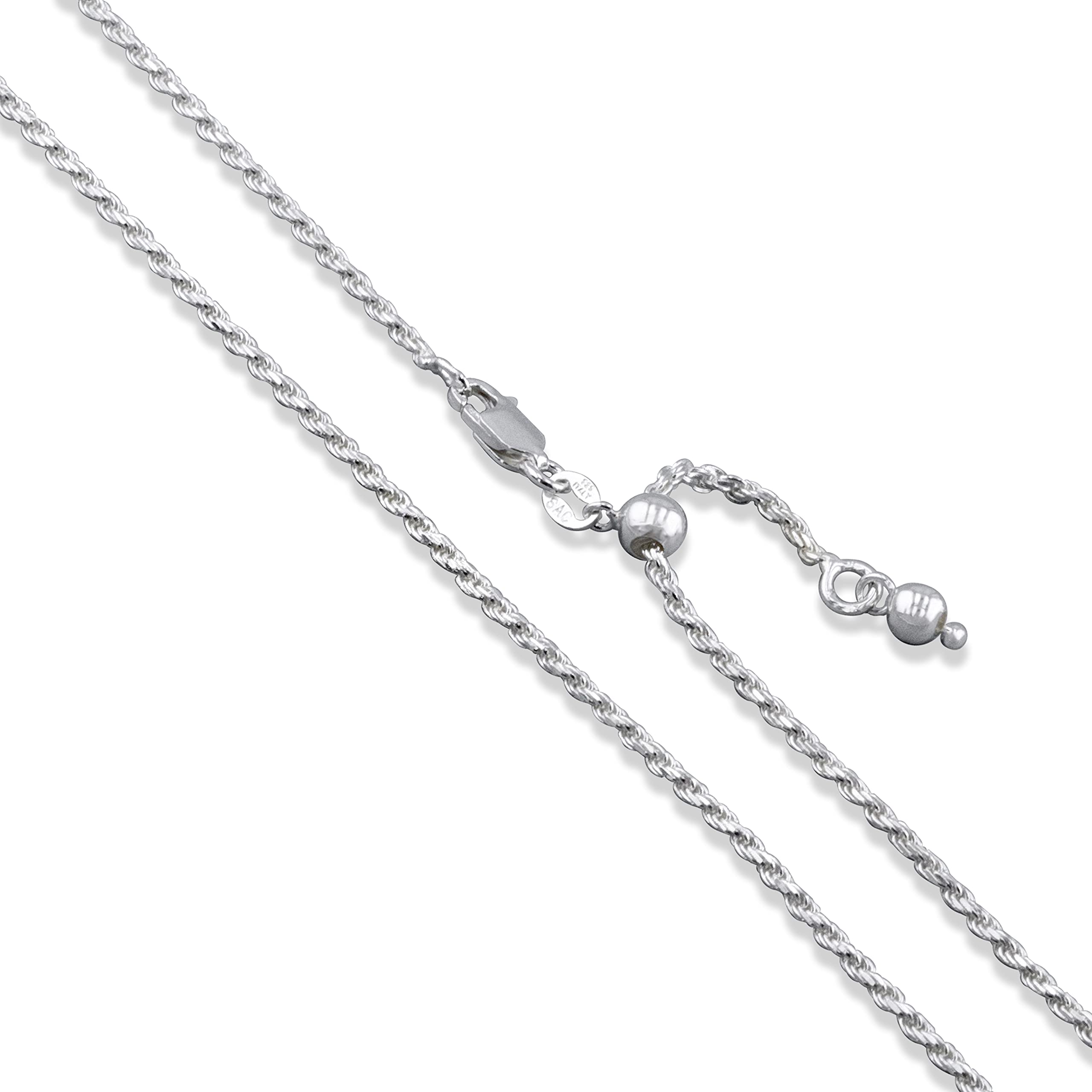 Sterling Silver Adjustable Diamond-Cut Rope Chain 2mm Solid 925 Italy New Necklace 30 