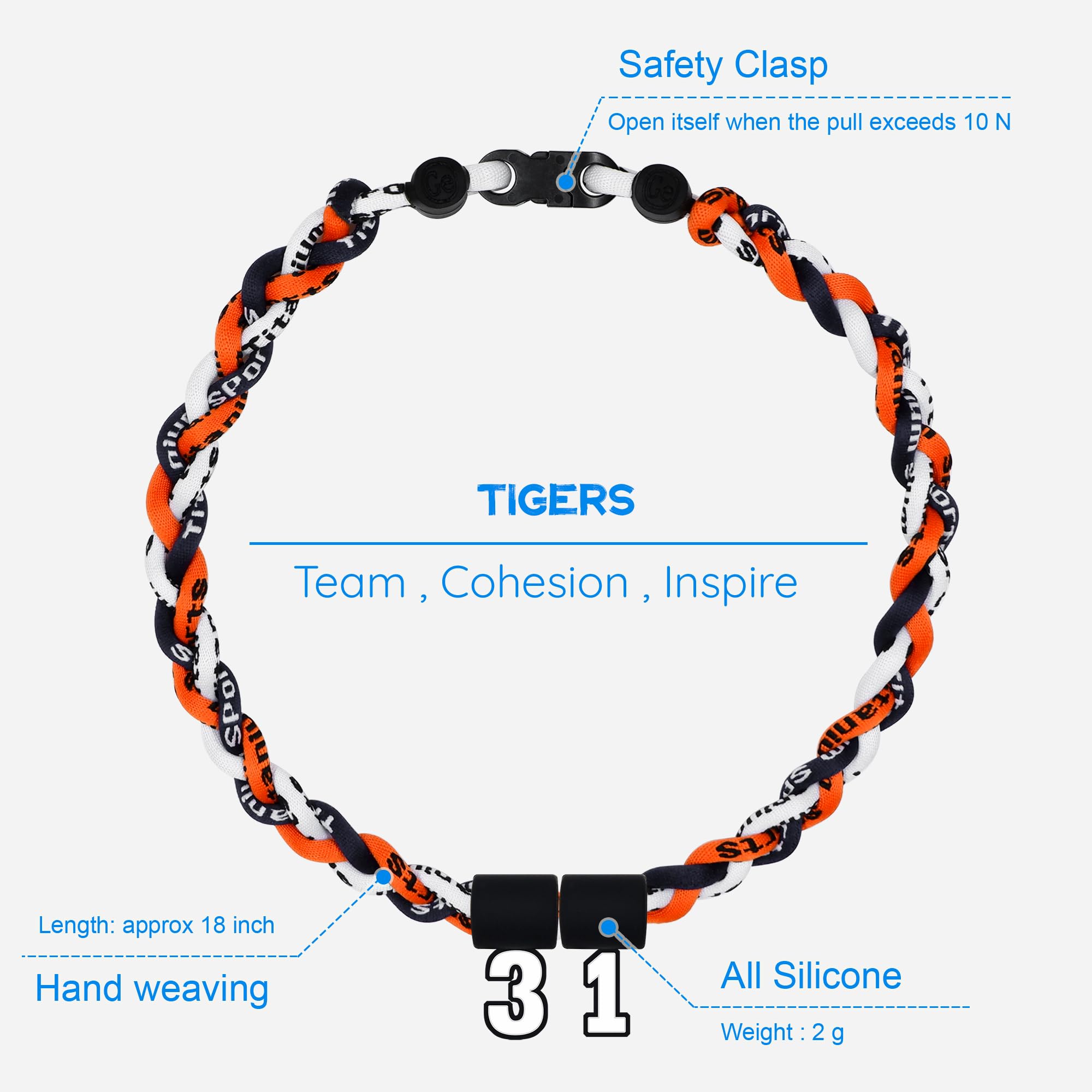 SUPBOMM Baseball Rope Necklaces, League Team Colors Braided Necklace with Number Pendant, Baseball Team Gifts, Tigers, No. 31
