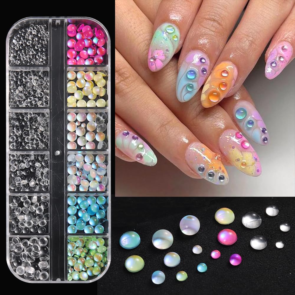 Aurora Mermaid 3D Bubble Beads Nail Charms, Mixed Sizes Colorful Iridescent Crystal Gems Clear Transparent Dewdrop Water Droplet