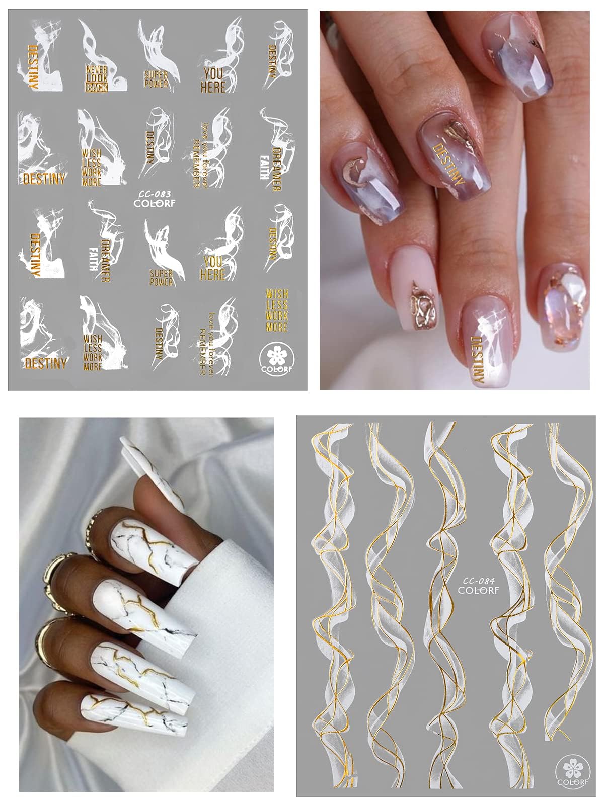 12 Sheets Nail Art Stickers Decals,Torokom Self-Adhesive White Black Gold Stripe Line Nail Decals Marble Wave Nail Sticker Suppl