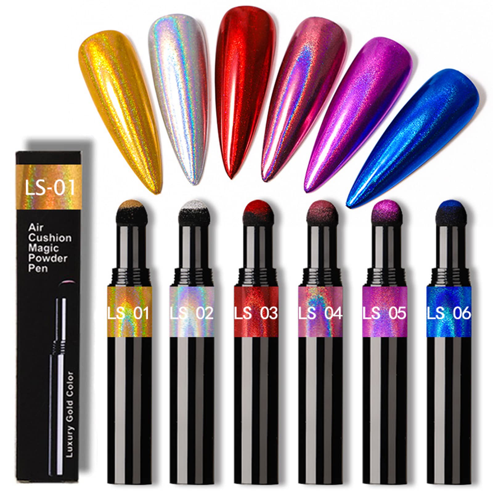 RoseFlower 6 Pcs Chrome Nail Powder Pen Air Cushion Pen Glitter Holographic Chrome Nail Powder Pen Nail Art Pens Mirror Effect G
