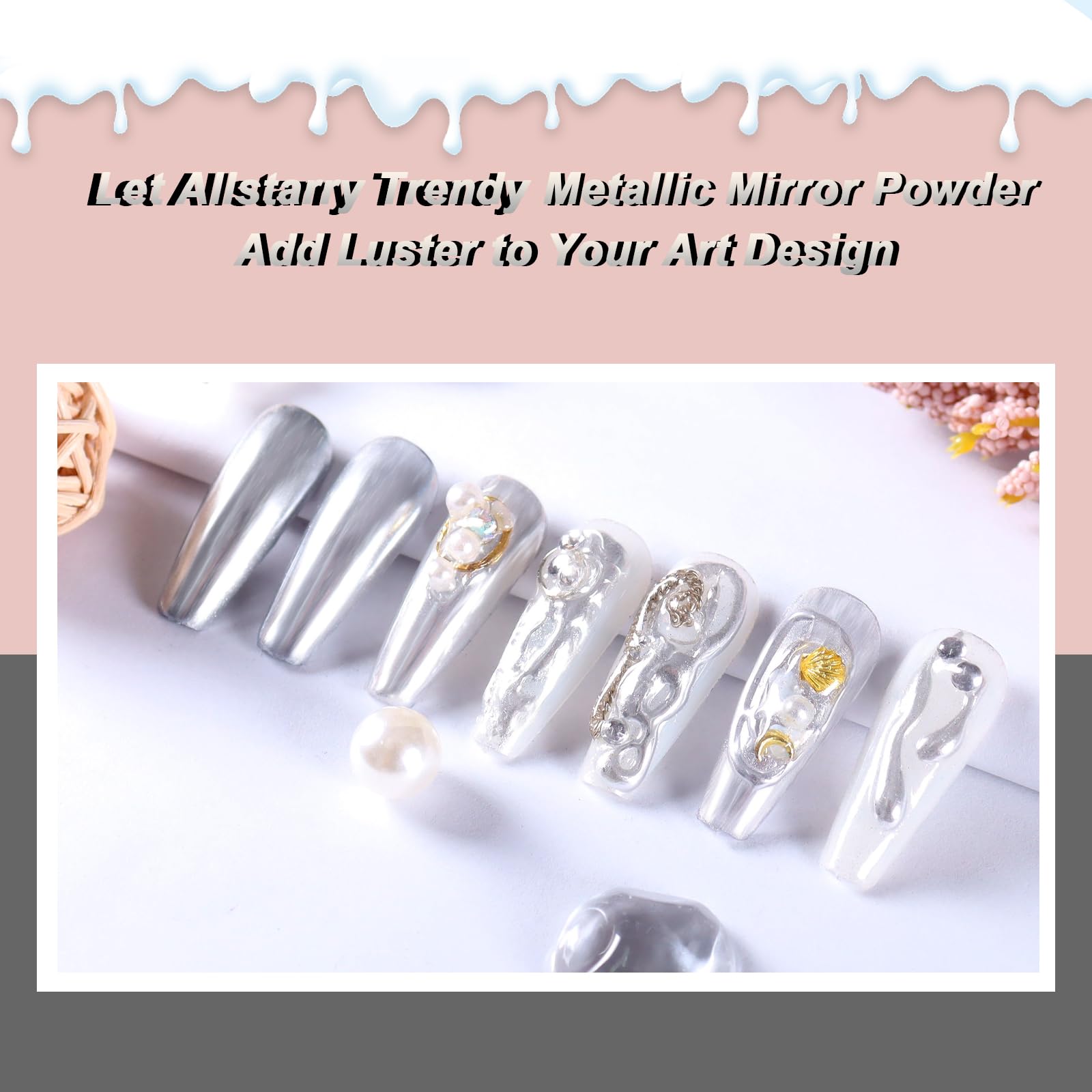 Allstarry Chrome Nail Powder 2Pcs Metallic Mirror Effect Dust Glitter Glazed Manicure Decoration Reflective Pigment For Gel Poli