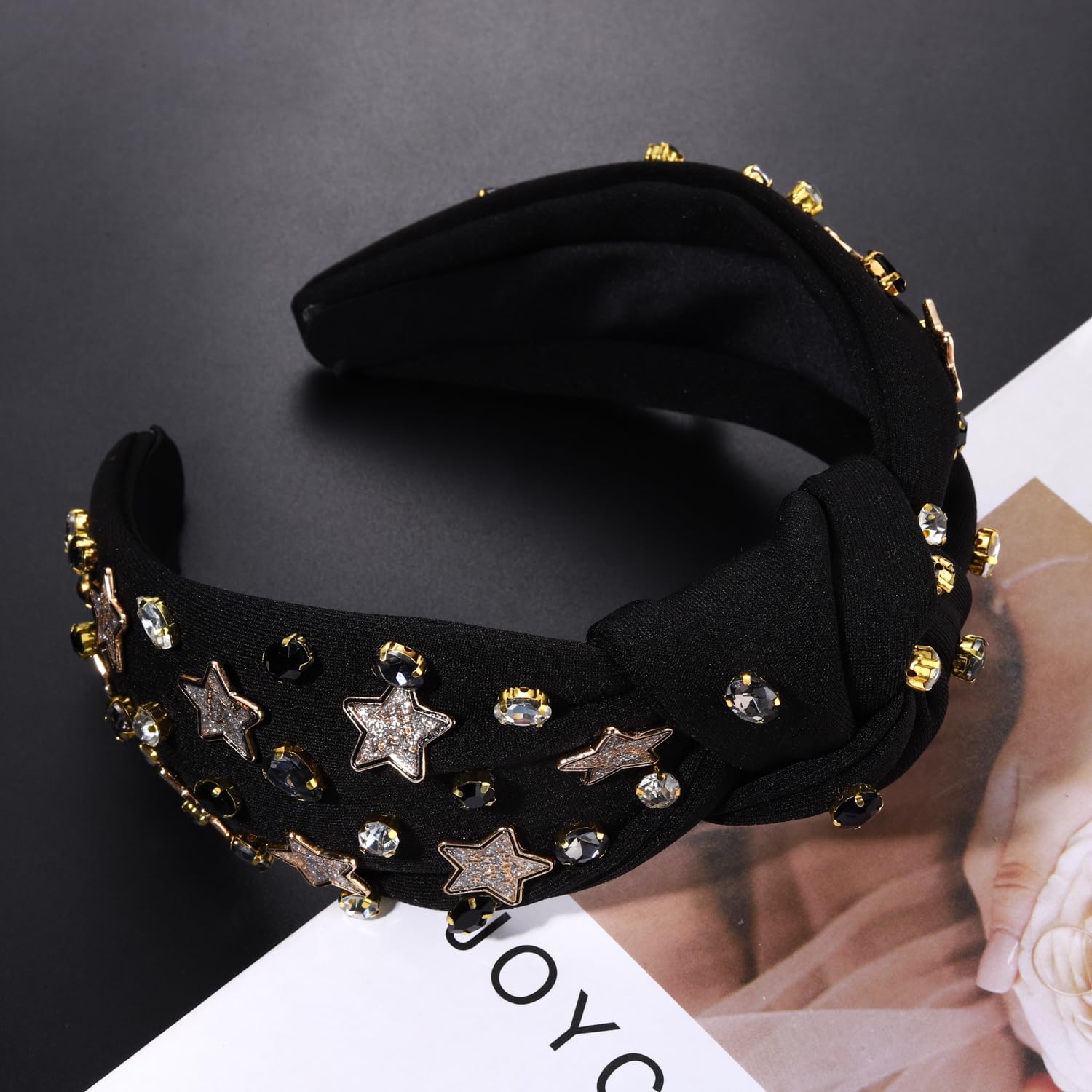HZEYN New Years Eve Headband for Women 2025 Happy New Year Star Headband Crystal Jeweled Knotted Headband Holiday Accessories (N