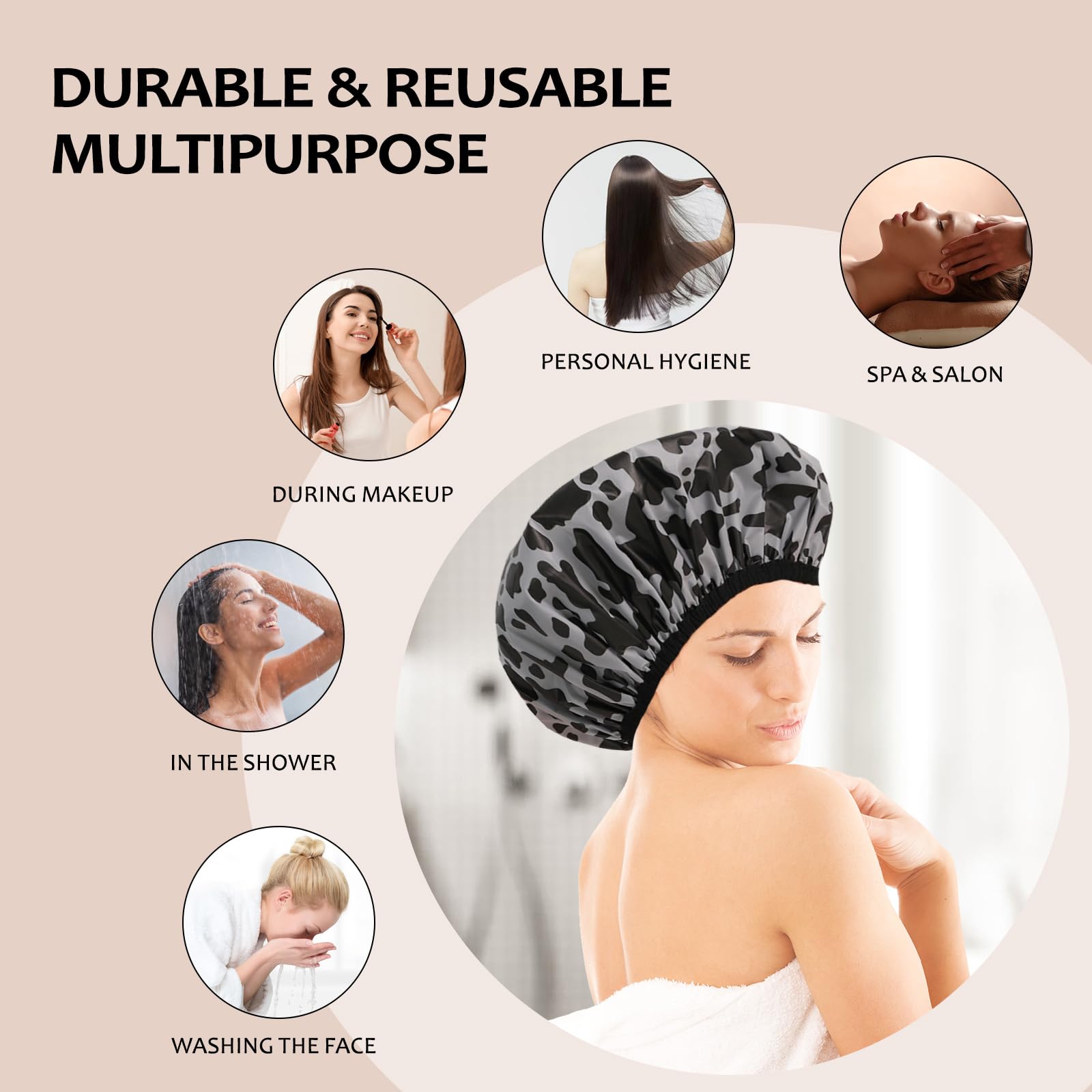 Yizijizi Shower Cap,Reusable Waterproof Shower Caps - Large Size For Women, Perfect For Long Hair (Black Cow)